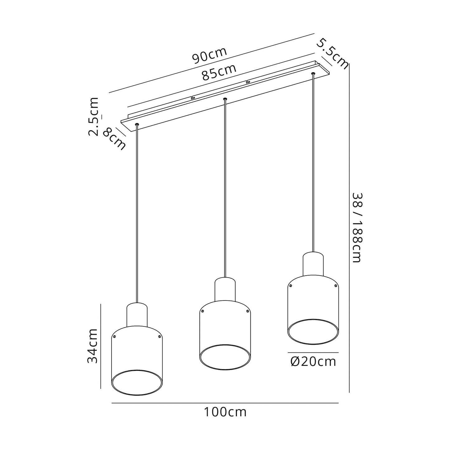 Bowdon Linear Pendant, 3 Light Adjustable E27, Black and Smoke Fade Glass