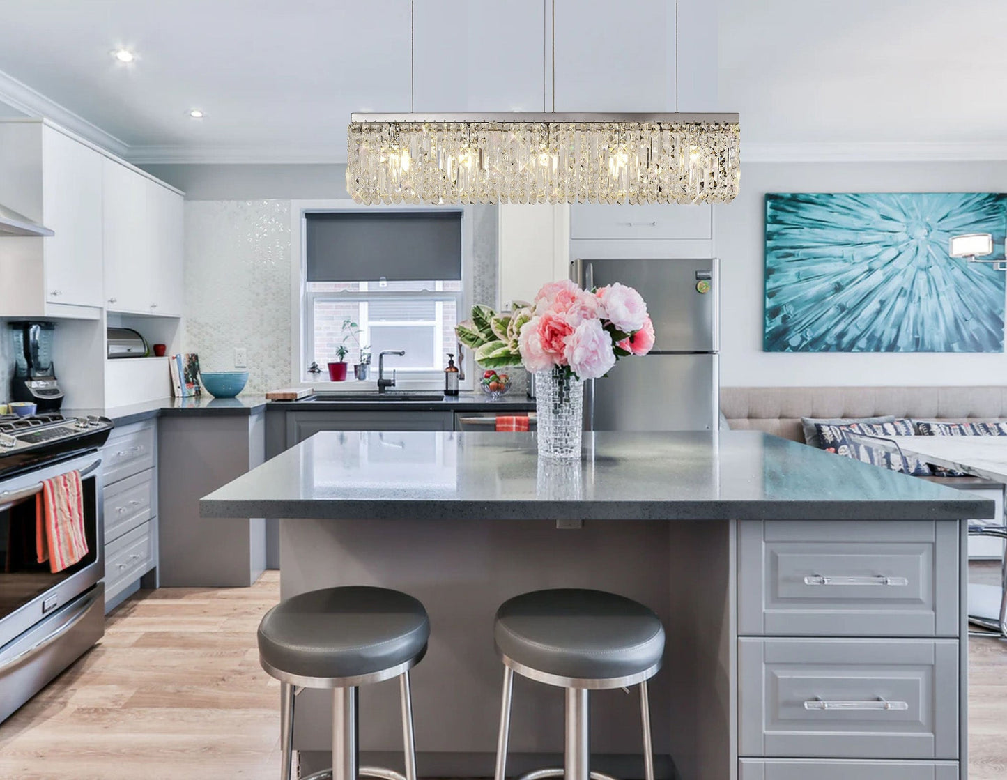 Bollin 138x9cm Linear Pendant Chandelier, 7 Light E14, Polished Chrome and Crystal