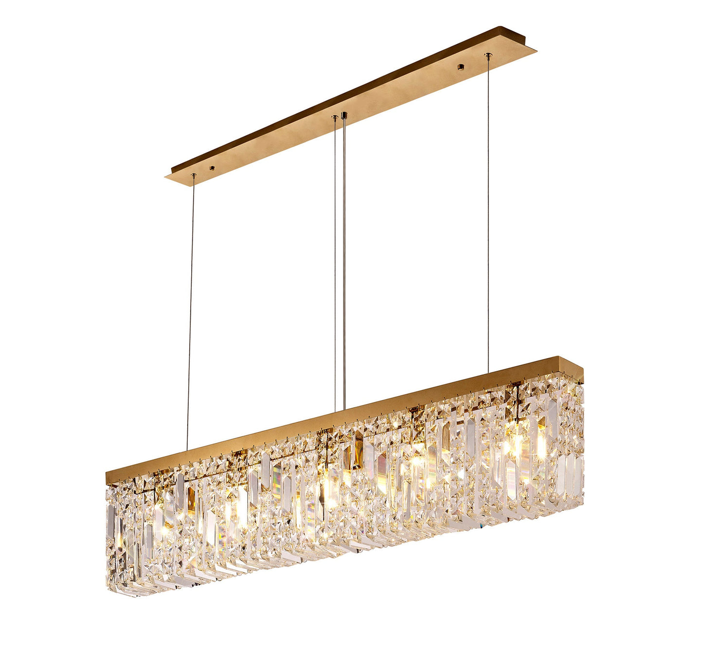 Bollin 102x9cm Linear Pendant Chandelier, 5 Light E14, Gold and Crystal