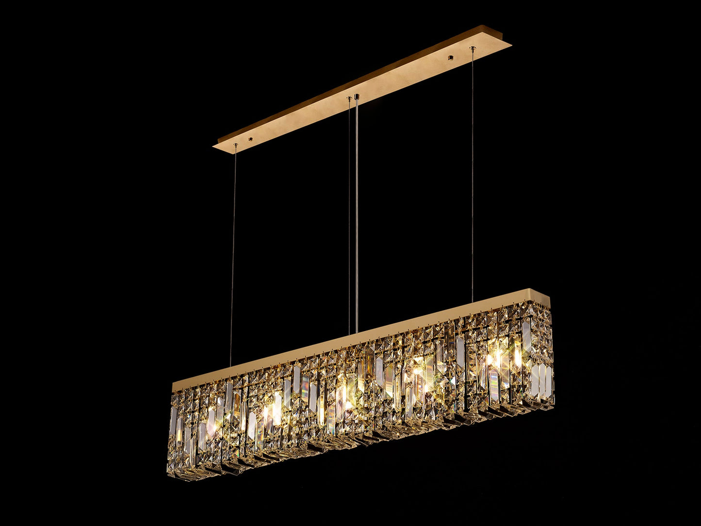 Bollin 102x9cm Linear Pendant Chandelier, 5 Light E14, Gold and Crystal