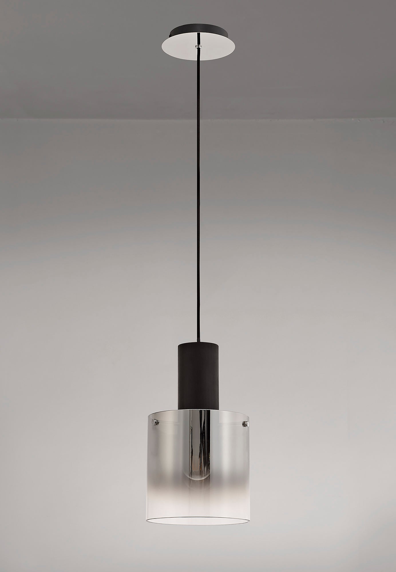 Bowdon Single Pendant, 1 Light Adjustable E27, Black and Smoke Fade Glass