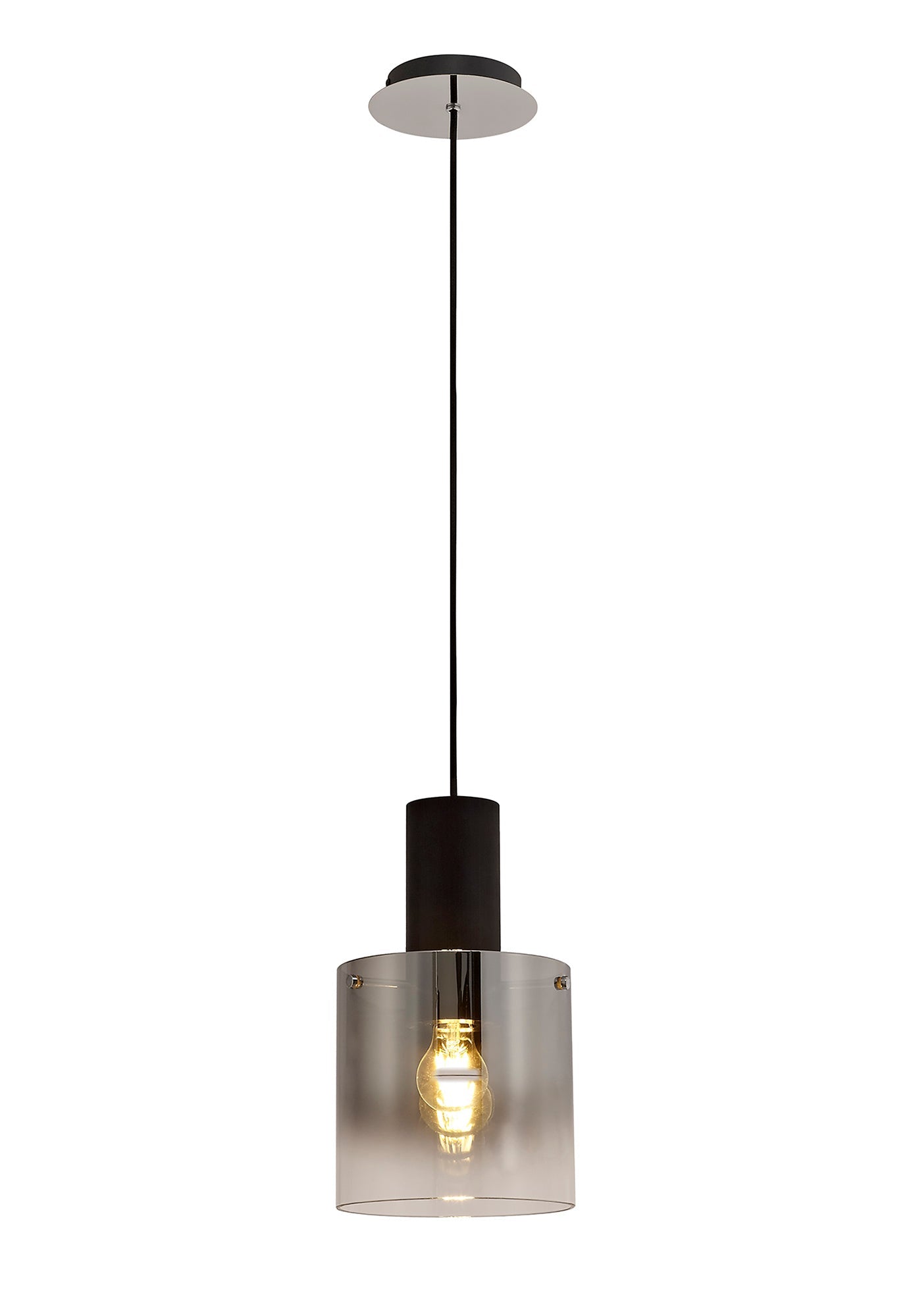 Bowdon Single Pendant, 1 Light Adjustable E27, Black and Smoke Fade Glass