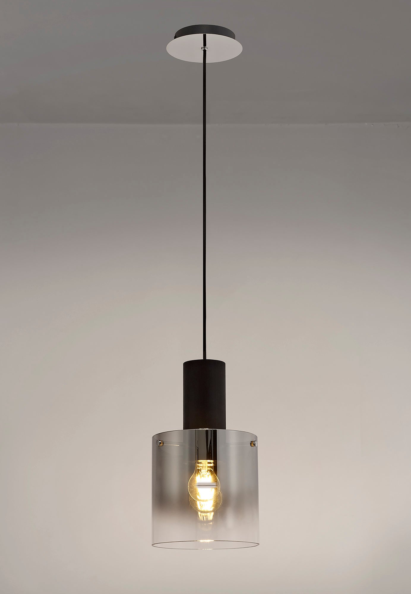 Bowdon Single Pendant, 1 Light Adjustable E27, Black and Smoke Fade Glass