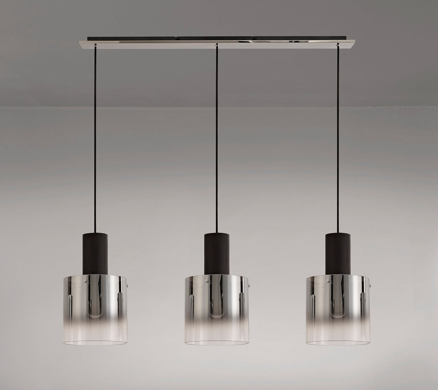 Bowdon Linear Pendant, 3 Light Adjustable E27, Black and Smoke Fade Glass