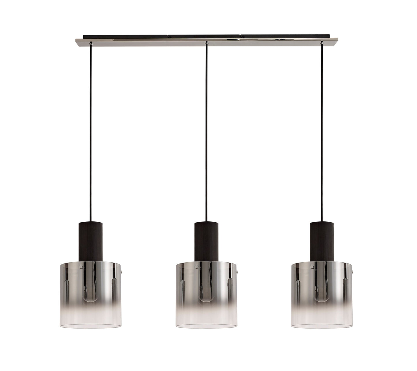 Bowdon Linear Pendant, 3 Light Adjustable E27, Black and Smoke Fade Glass