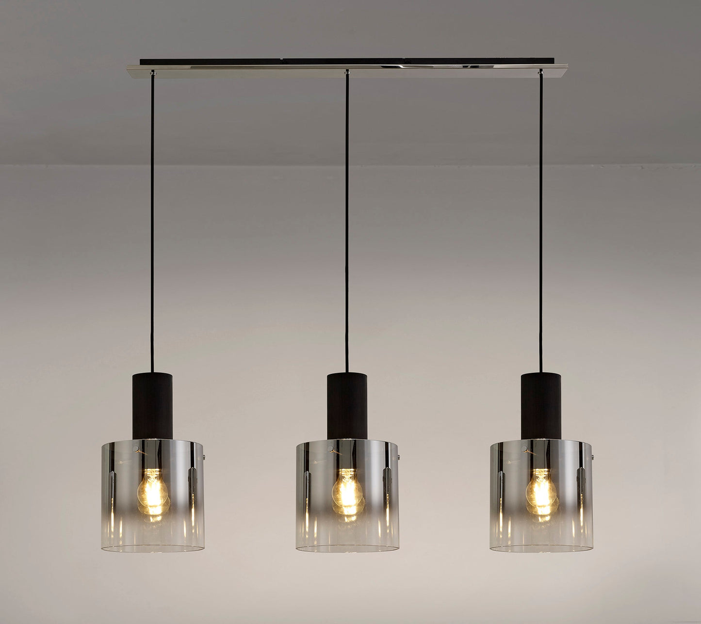 Bowdon Linear Pendant, 3 Light Adjustable E27, Black and Smoke Fade Glass