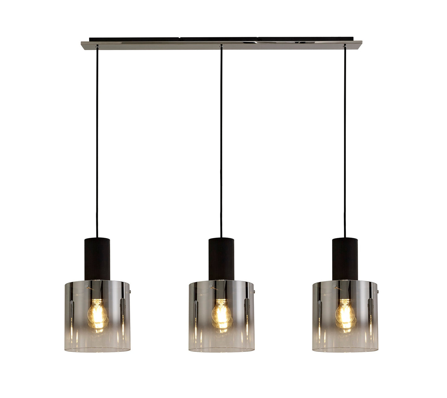 Bowdon Linear Pendant, 3 Light Adjustable E27, Black and Smoke Fade Glass