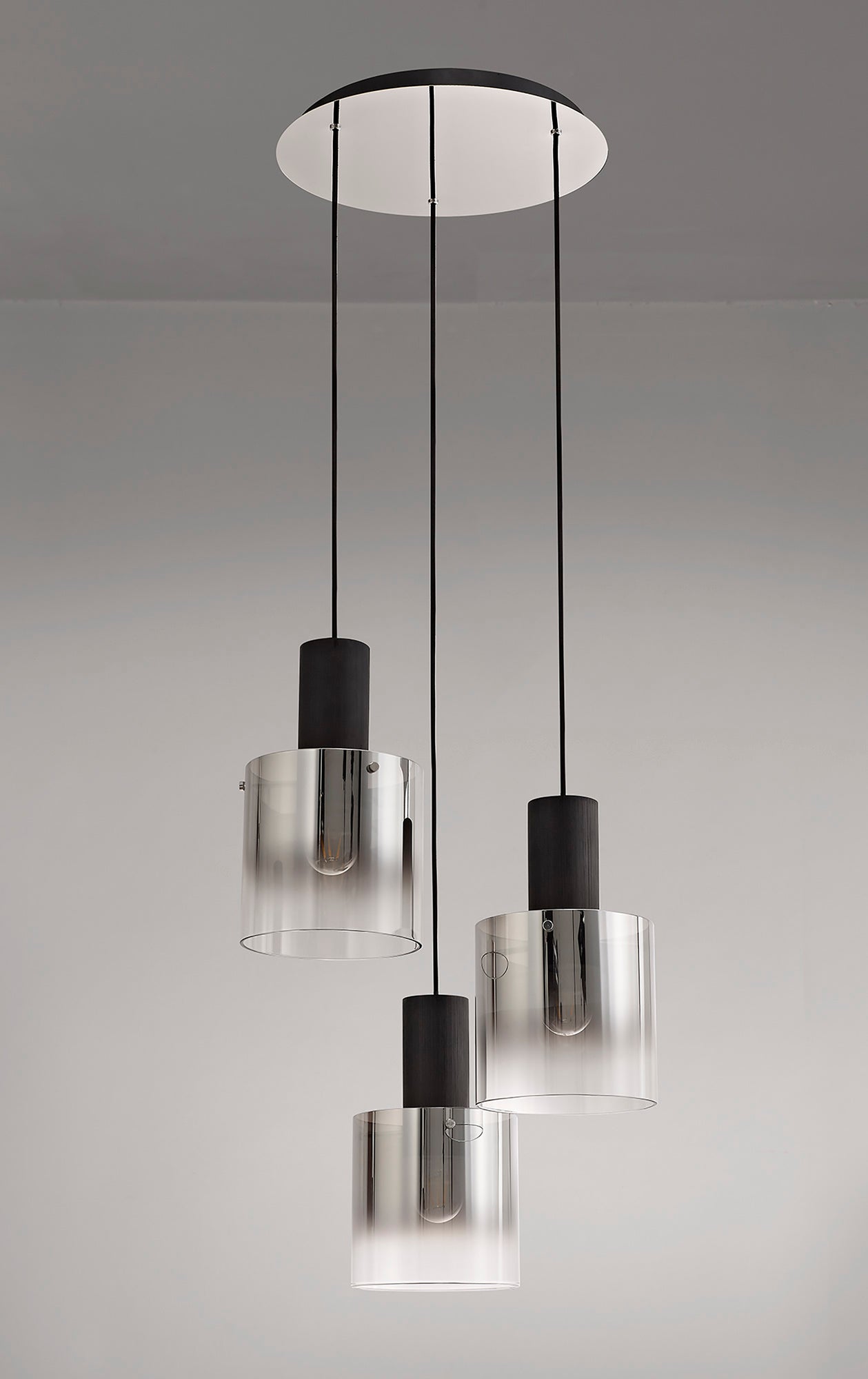 Bowdon Round Pendant, 3 Light Adjustable E27, Black and Smoke Fade Glass