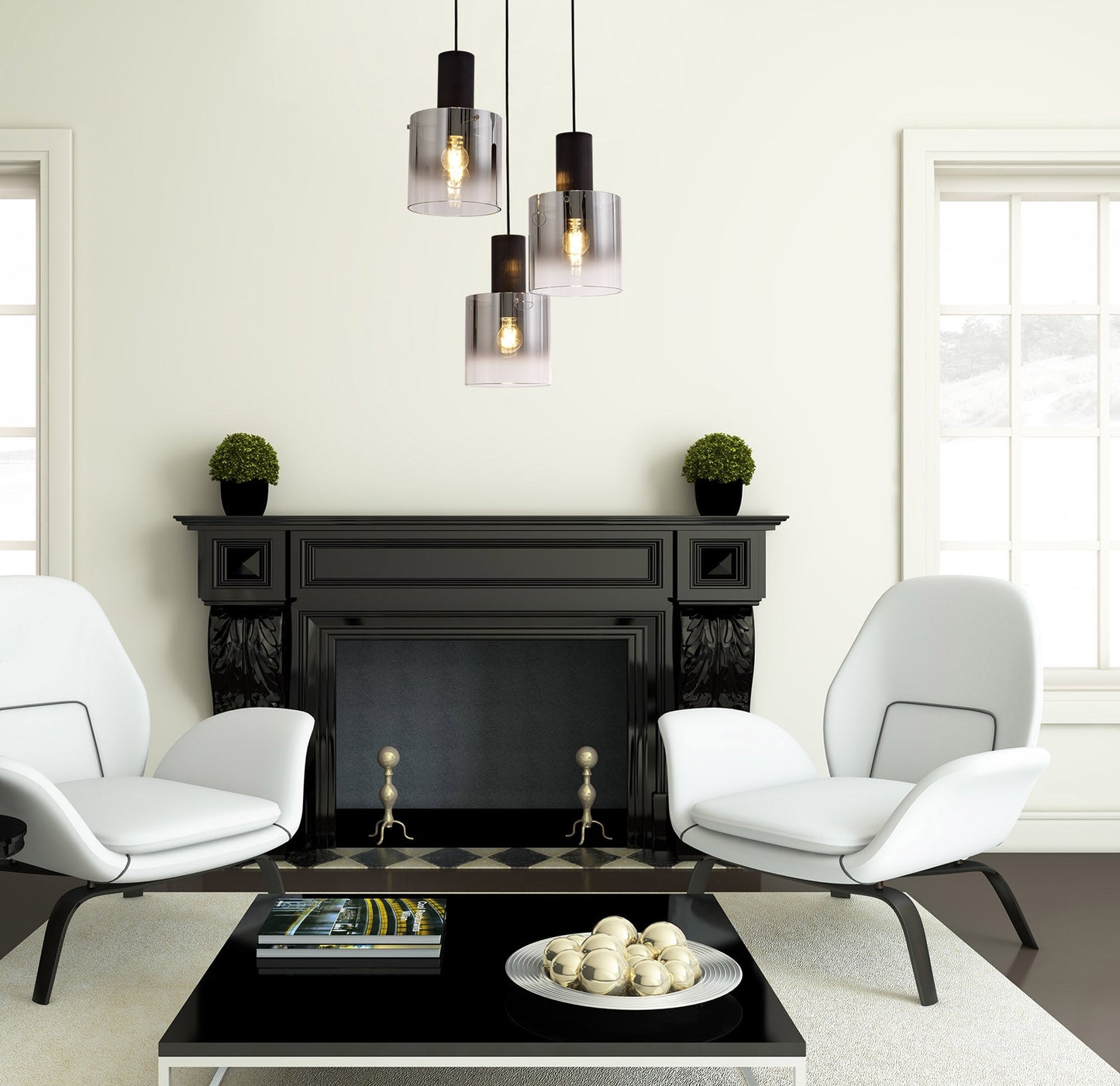 Bowdon Round Pendant, 3 Light Adjustable E27, Black and Smoke Fade Glass