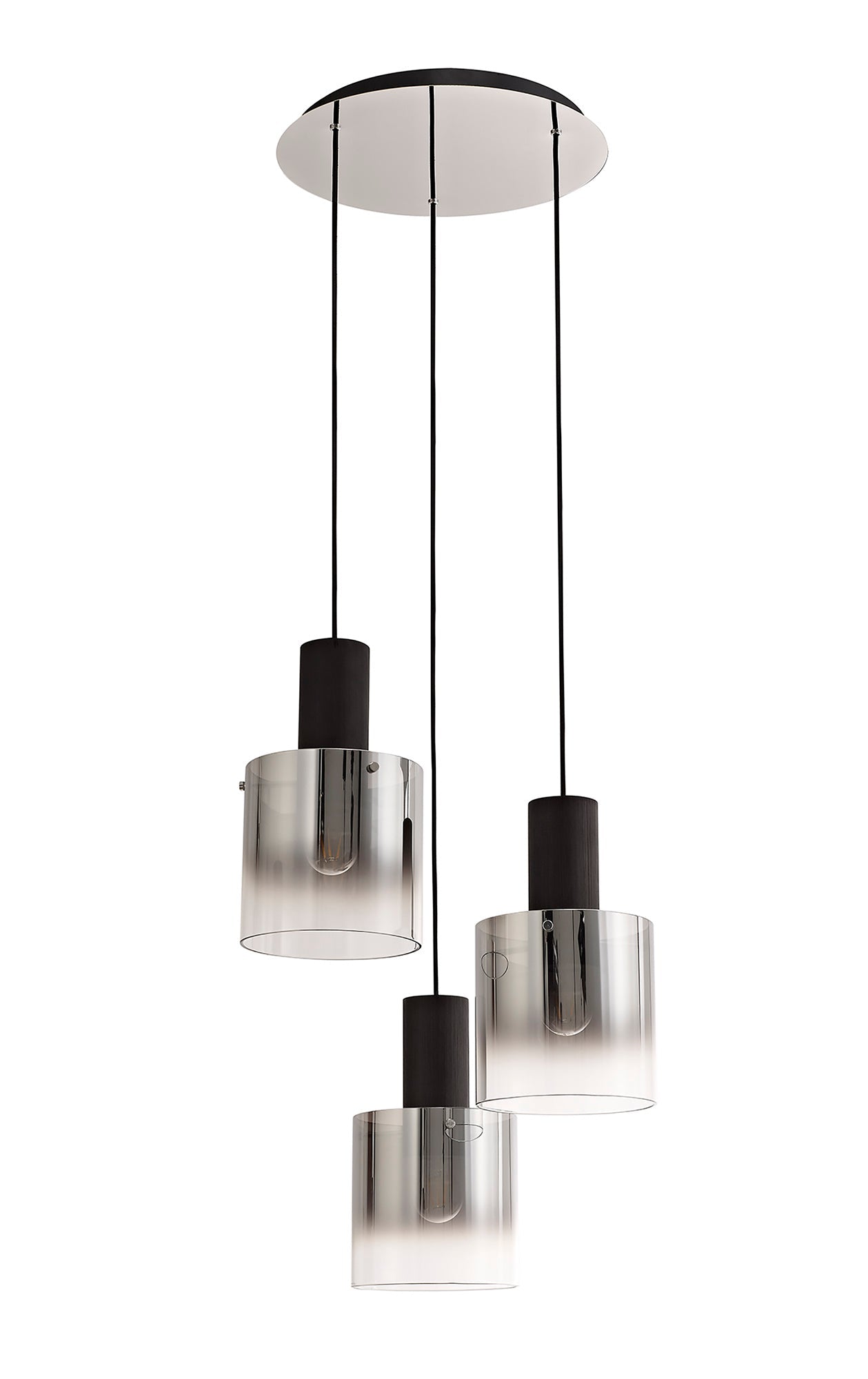 Bowdon Round Pendant, 3 Light Adjustable E27, Black and Smoke Fade Glass