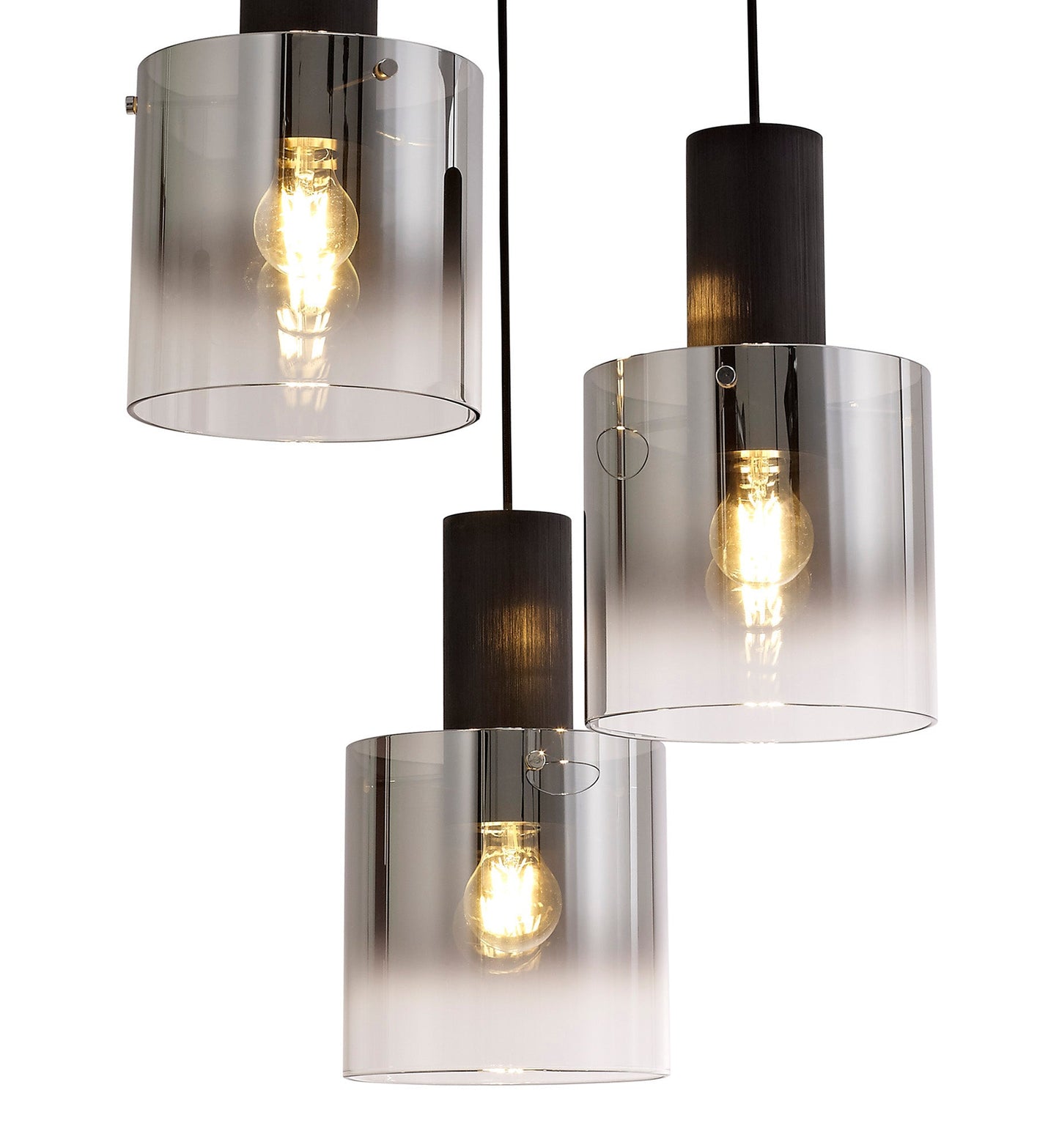 Bowdon Round Pendant, 3 Light Adjustable E27, Black and Smoke Fade Glass