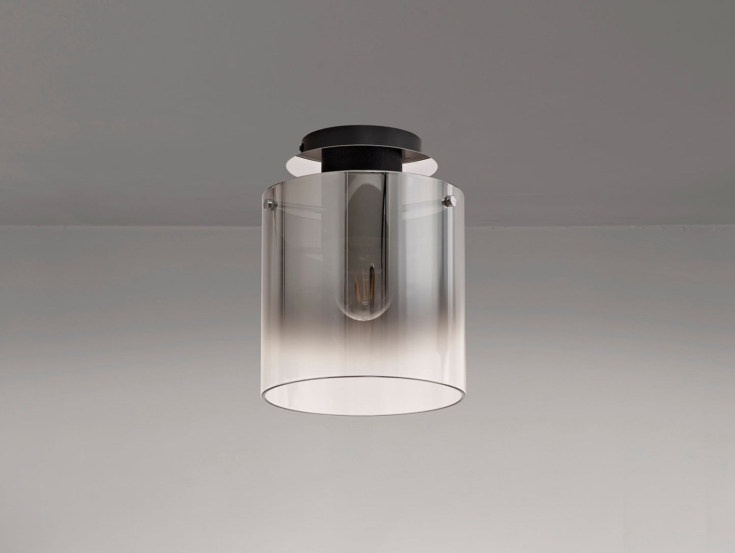 Bowdon Round Ceiling Flush, 1 Light Flush Fitting E27, Black and Smoke Fade Glass