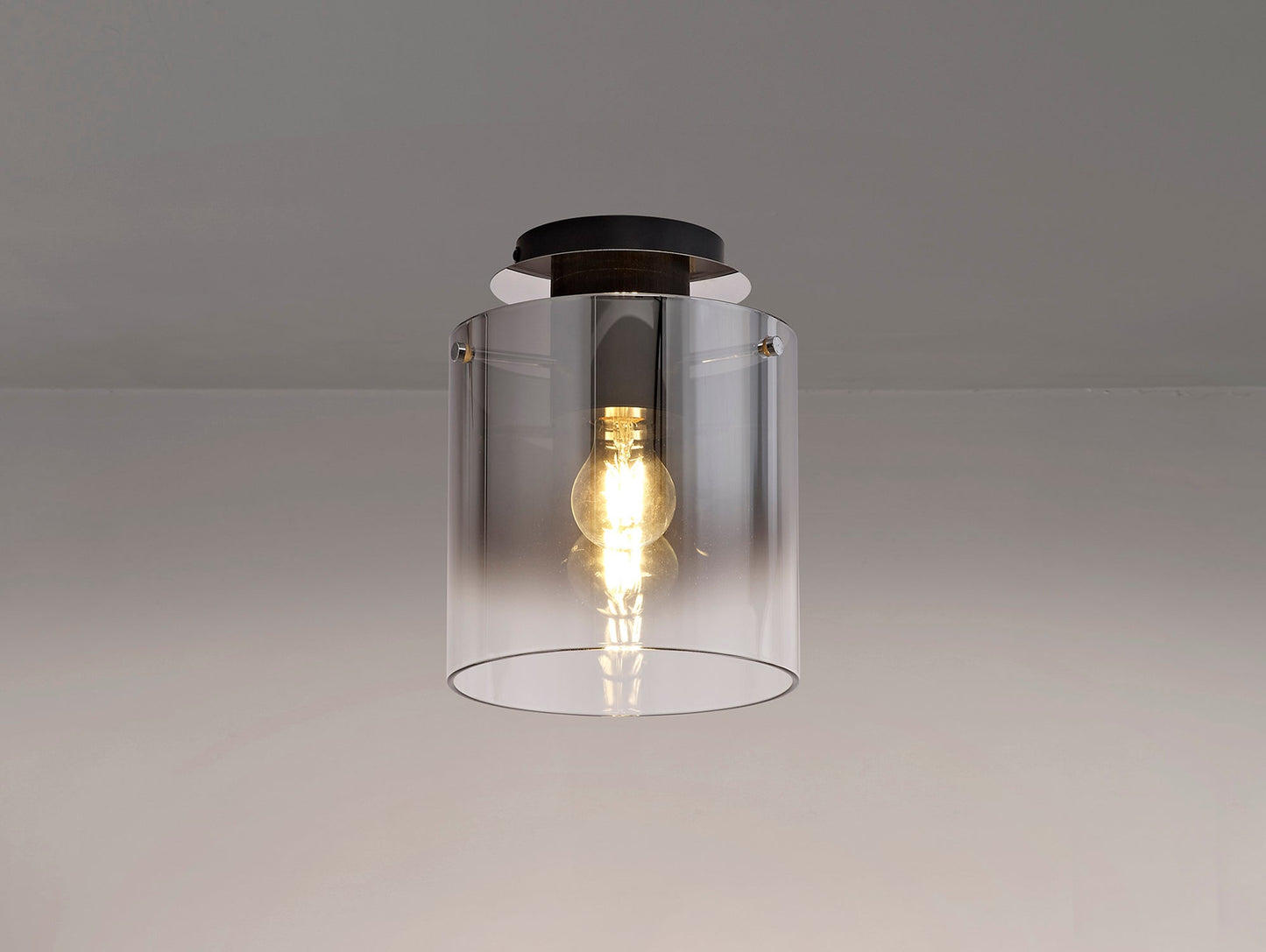 Bowdon Round Ceiling Flush, 1 Light Flush Fitting E27, Black and Smoke Fade Glass
