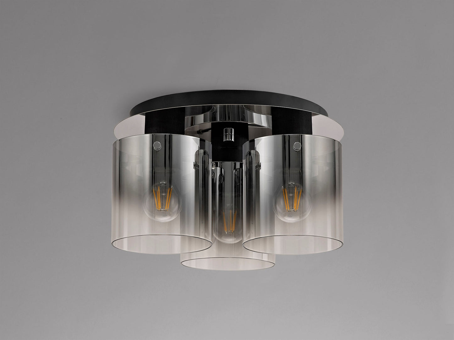 Bowdon Round Ceiling Flush, 3 Light Flush Fitting, Black and Smoke Fade Glass