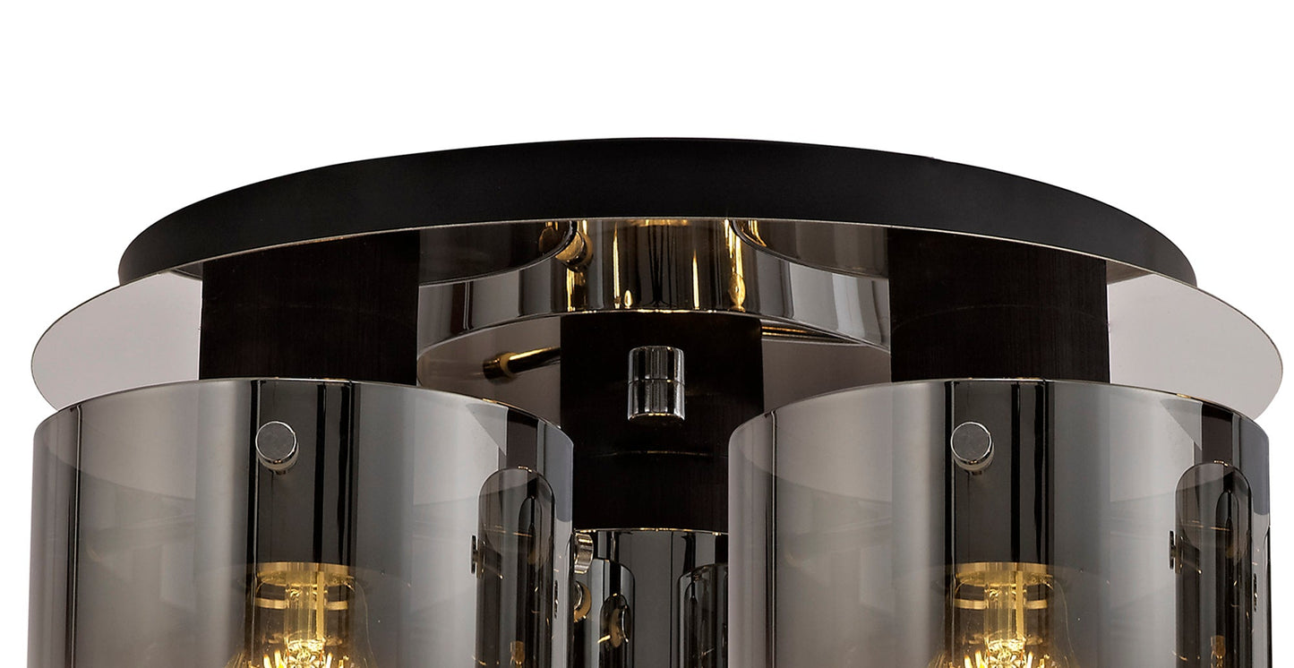 Bowdon Round Ceiling Flush, 3 Light Flush Fitting, Black and Smoke Fade Glass