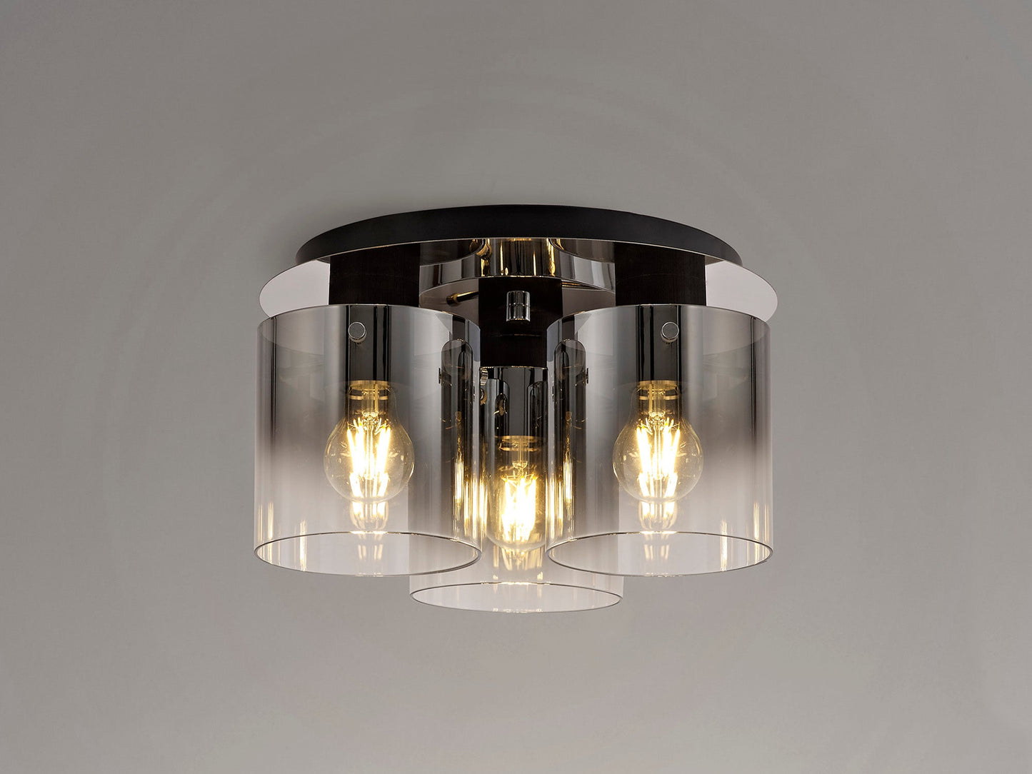 Bowdon Round Ceiling Flush, 3 Light Flush Fitting, Black and Smoke Fade Glass