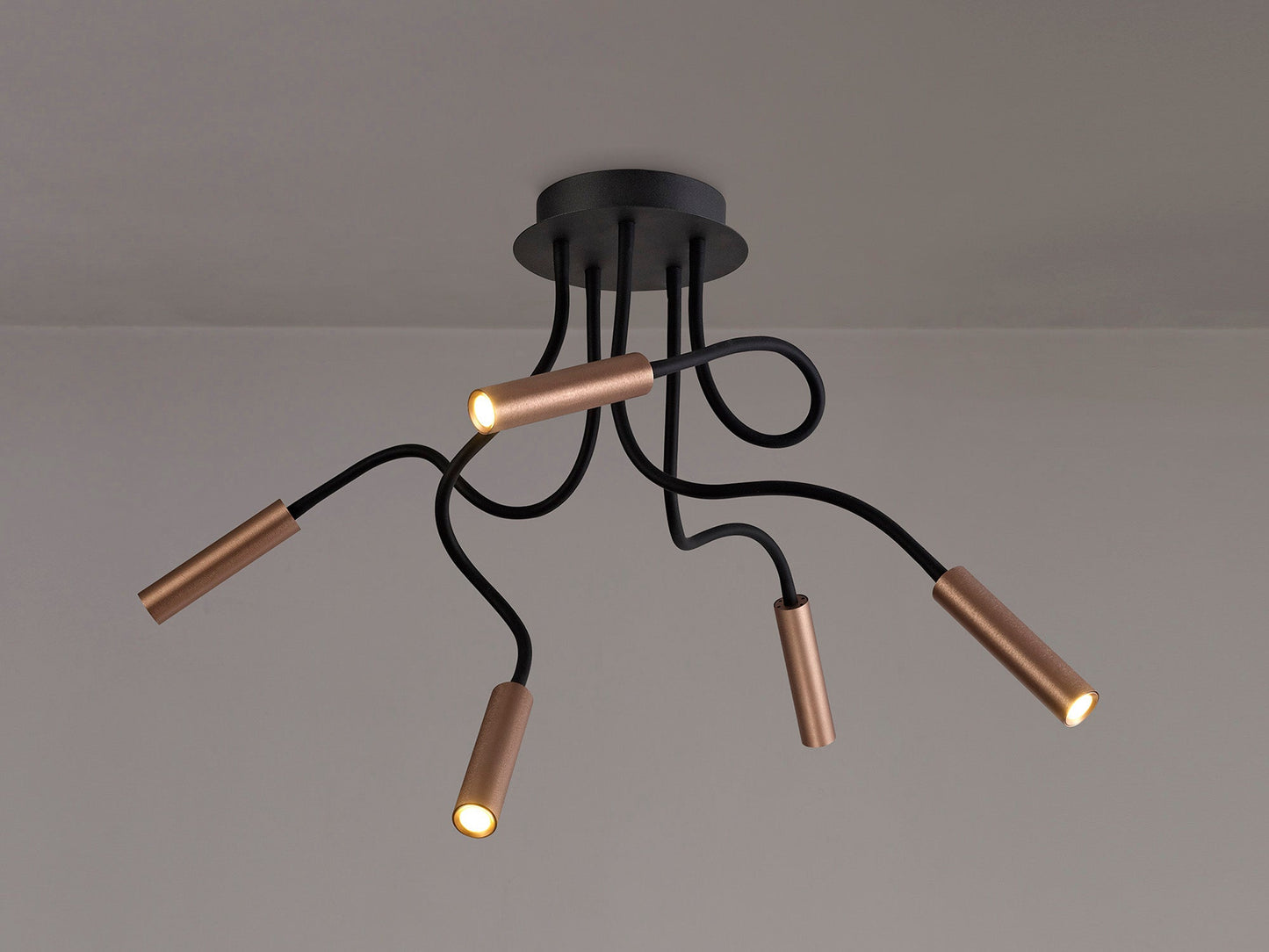 Clifton Ceiling, 5 Light Adjustable Arms, 5 x 5W LED Dimmable, 3000K, 1550lm, Black and Satin Copper, 3yrs Warranty