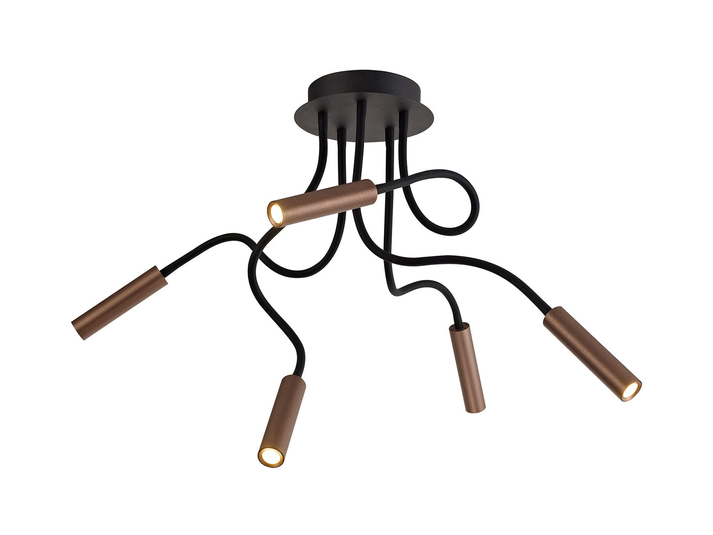 Clifton Ceiling, 5 Light Adjustable Arms, 5 x 5W LED Dimmable, 3000K, 1550lm, Black and Satin Copper, 3yrs Warranty