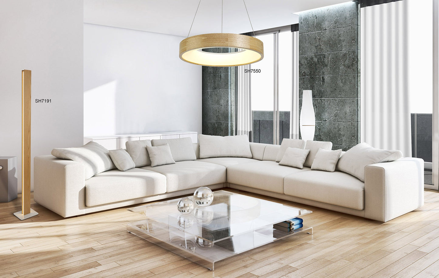 Clutton Floor Lamp, 2 x 18W LED, 3000K, 1560lm, Oak and Matt White, 3yrs Warranty