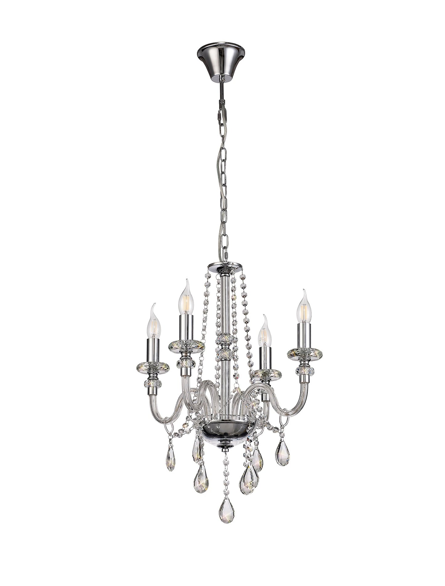 Damson Chandelier Pendant, 4 Light E14, Polished Chrome and Clear Glass and Crystal