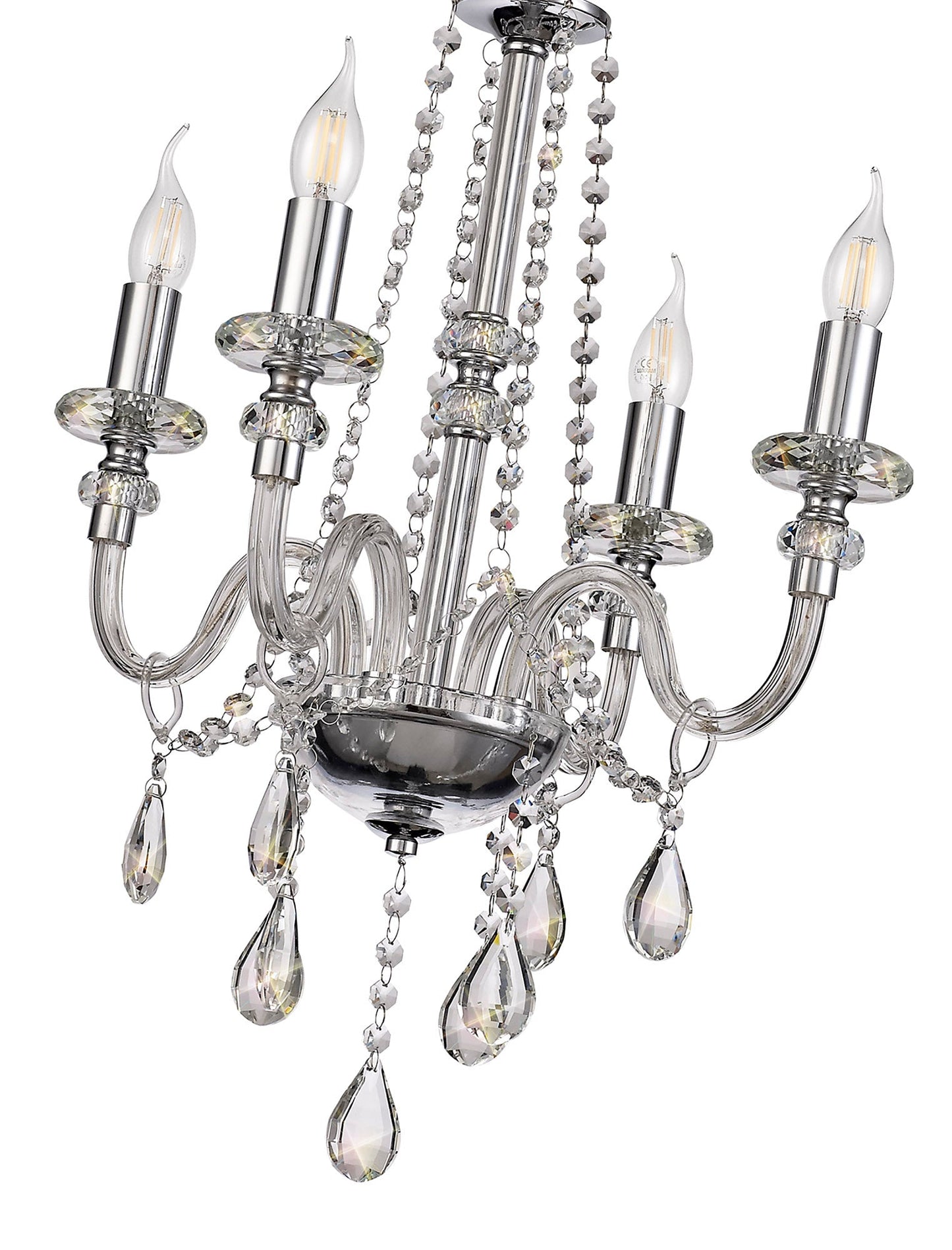 Damson Chandelier Pendant, 4 Light E14, Polished Chrome and Clear Glass and Crystal