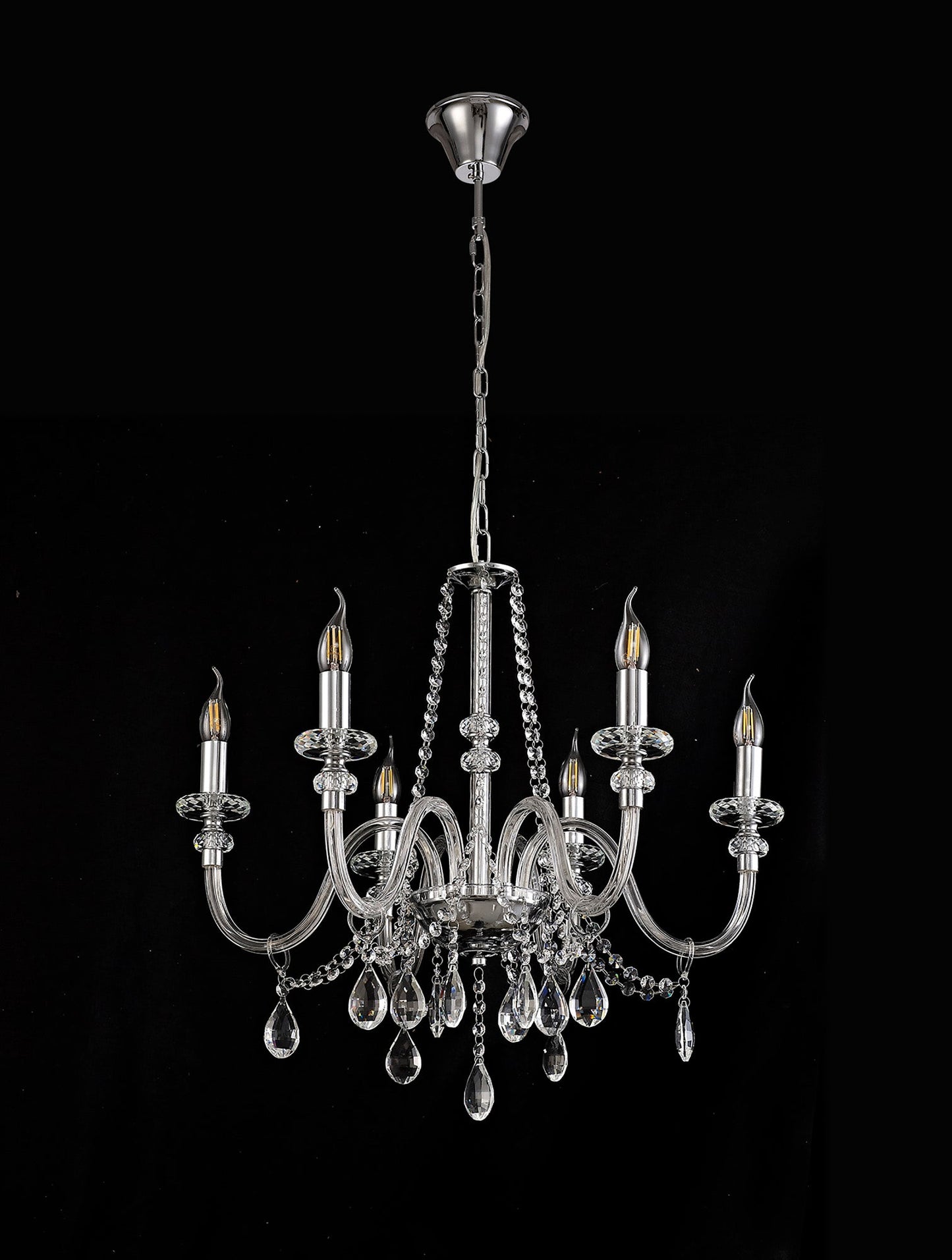 Damson Chandelier Pendant, 6 Light E14, Polished Chrome and Clear Glass and Crystal, ITEM REQUIRES CONSTRUCTION and CONNECTION
