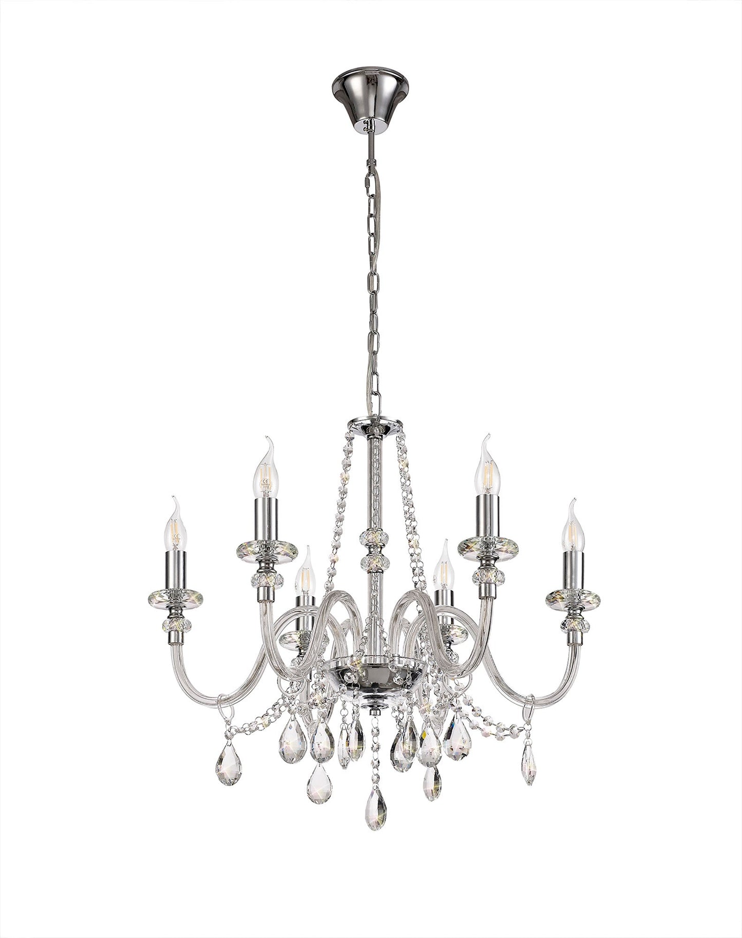 Damson Chandelier Pendant, 6 Light E14, Polished Chrome and Clear Glass and Crystal, ITEM REQUIRES CONSTRUCTION and CONNECTION