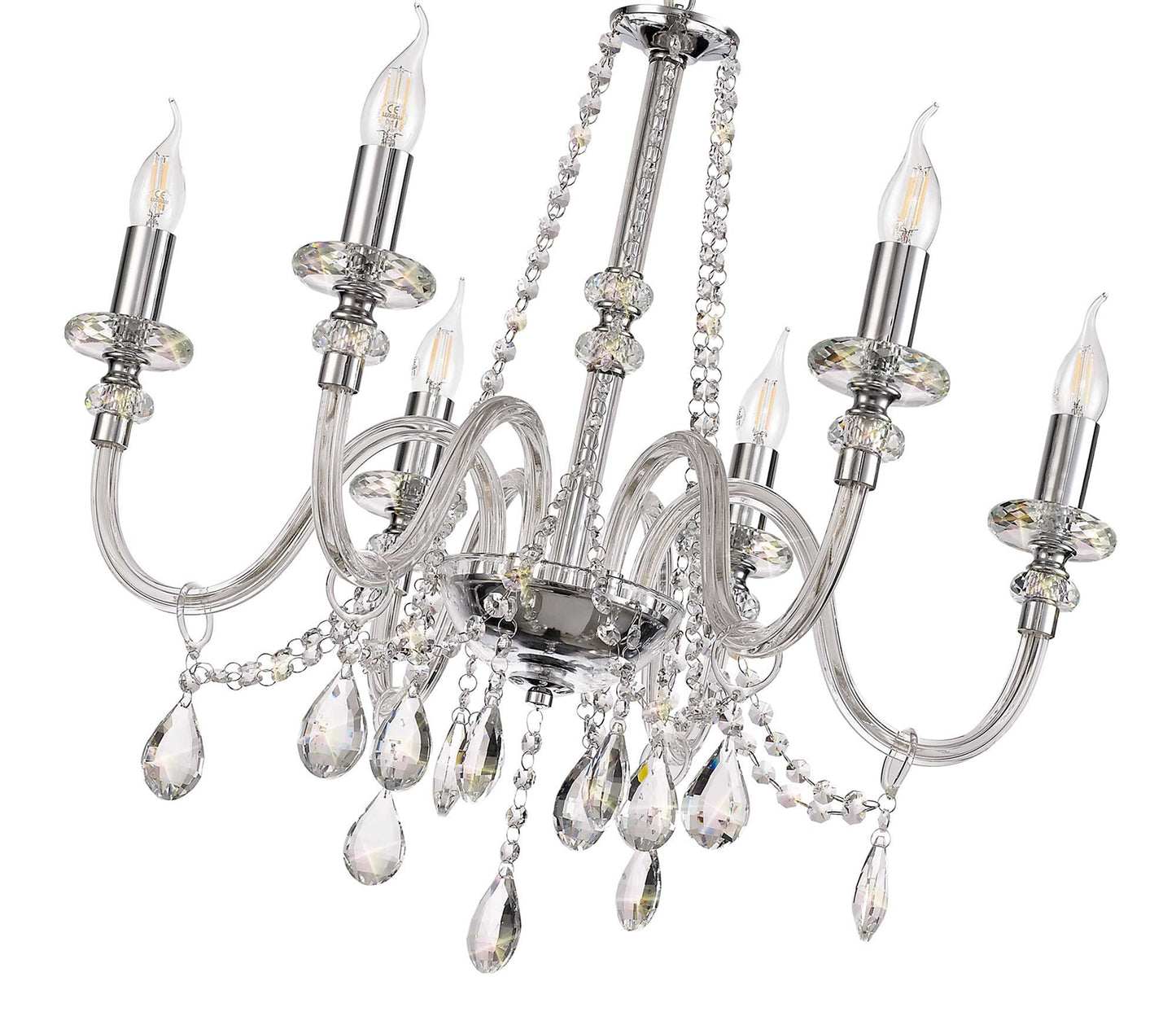 Damson Chandelier Pendant, 6 Light E14, Polished Chrome and Clear Glass and Crystal, ITEM REQUIRES CONSTRUCTION and CONNECTION