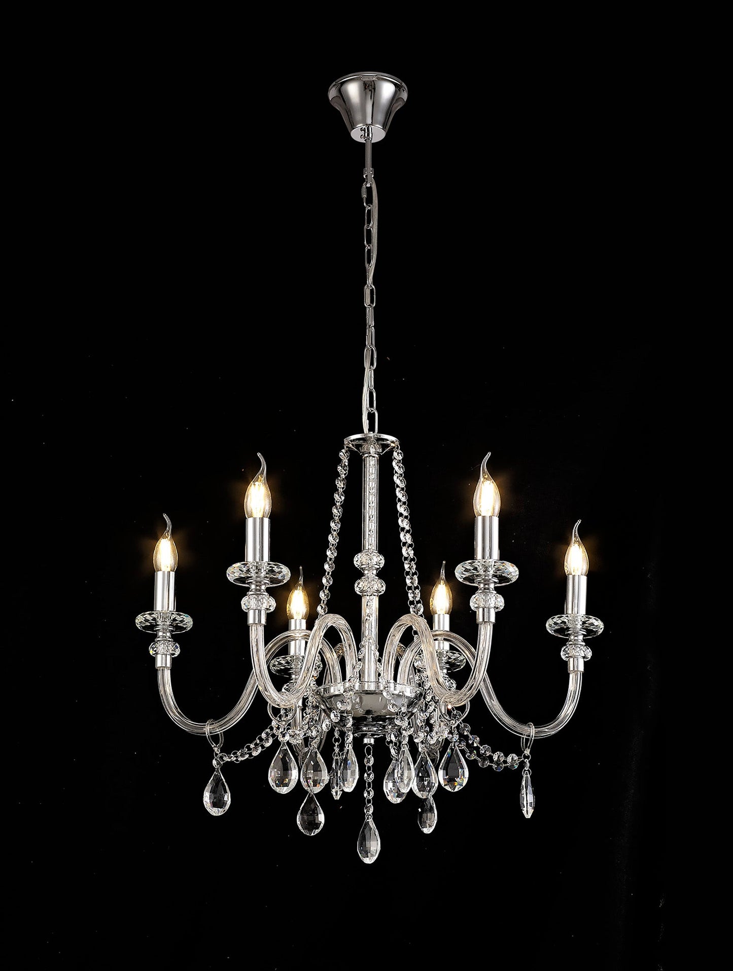 Damson Chandelier Pendant, 6 Light E14, Polished Chrome and Clear Glass and Crystal, ITEM REQUIRES CONSTRUCTION and CONNECTION