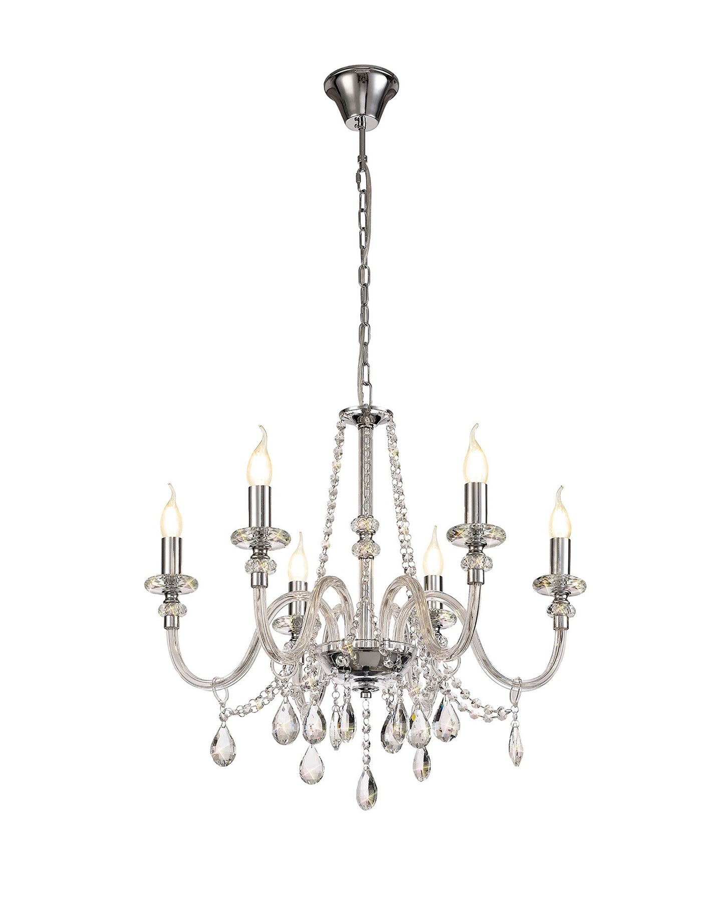 Damson Chandelier Pendant, 6 Light E14, Polished Chrome and Clear Glass and Crystal, ITEM REQUIRES CONSTRUCTION and CONNECTION