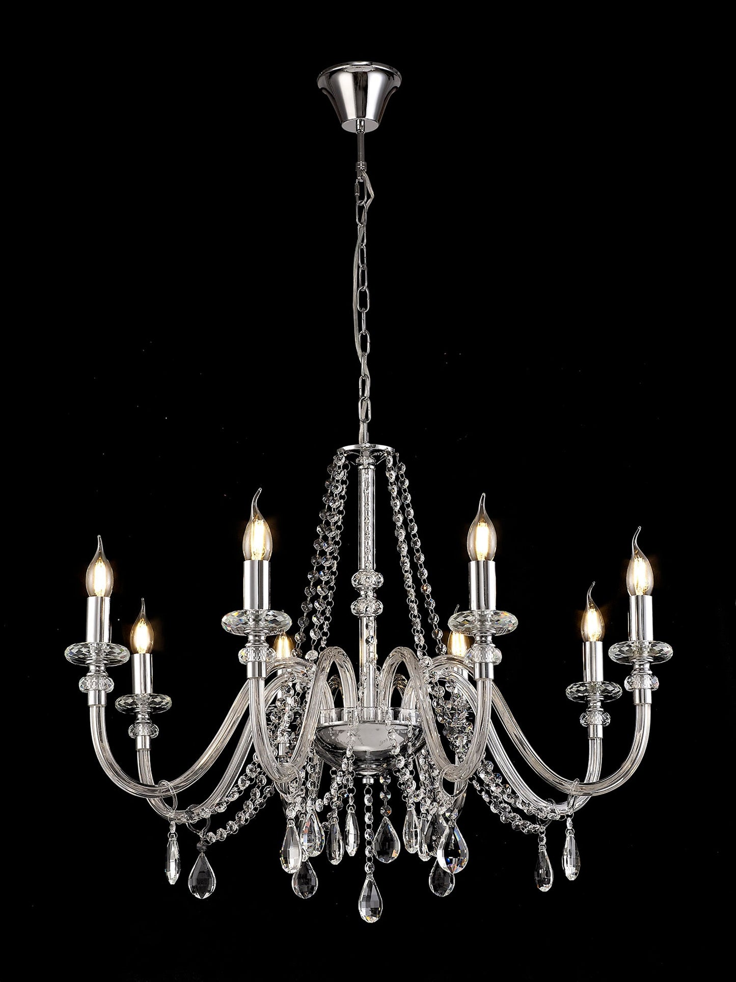 Damson Chandelier Pendant, 8 Light E14, Polished Chrome and Clear Glass and Crystal, ITEM REQUIRES CONSTRUCTION and CONNECTION