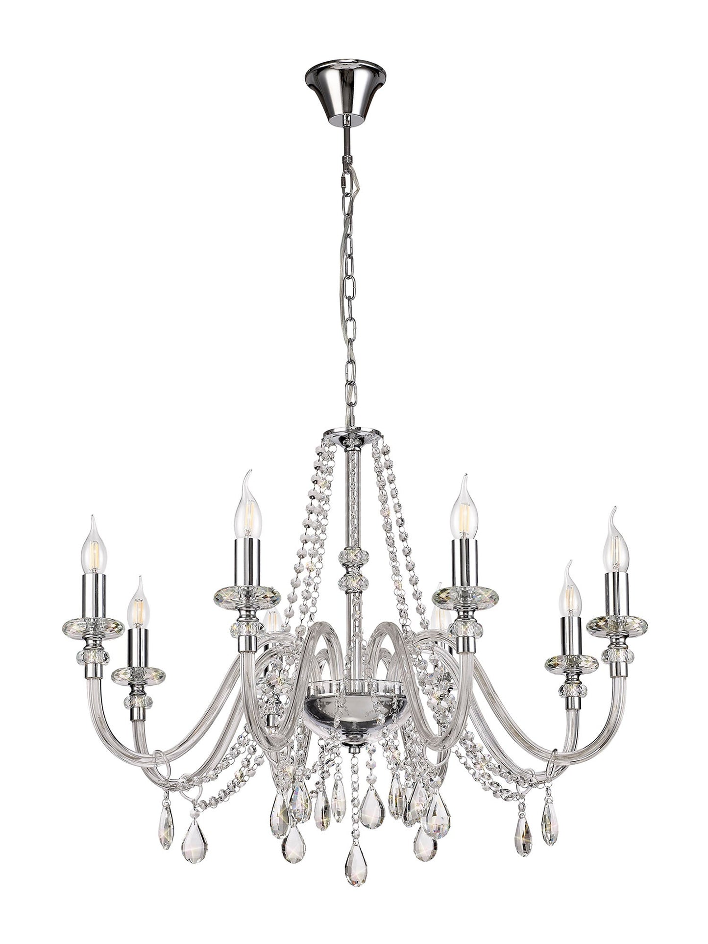 Damson Chandelier Pendant, 8 Light E14, Polished Chrome and Clear Glass and Crystal, ITEM REQUIRES CONSTRUCTION and CONNECTION
