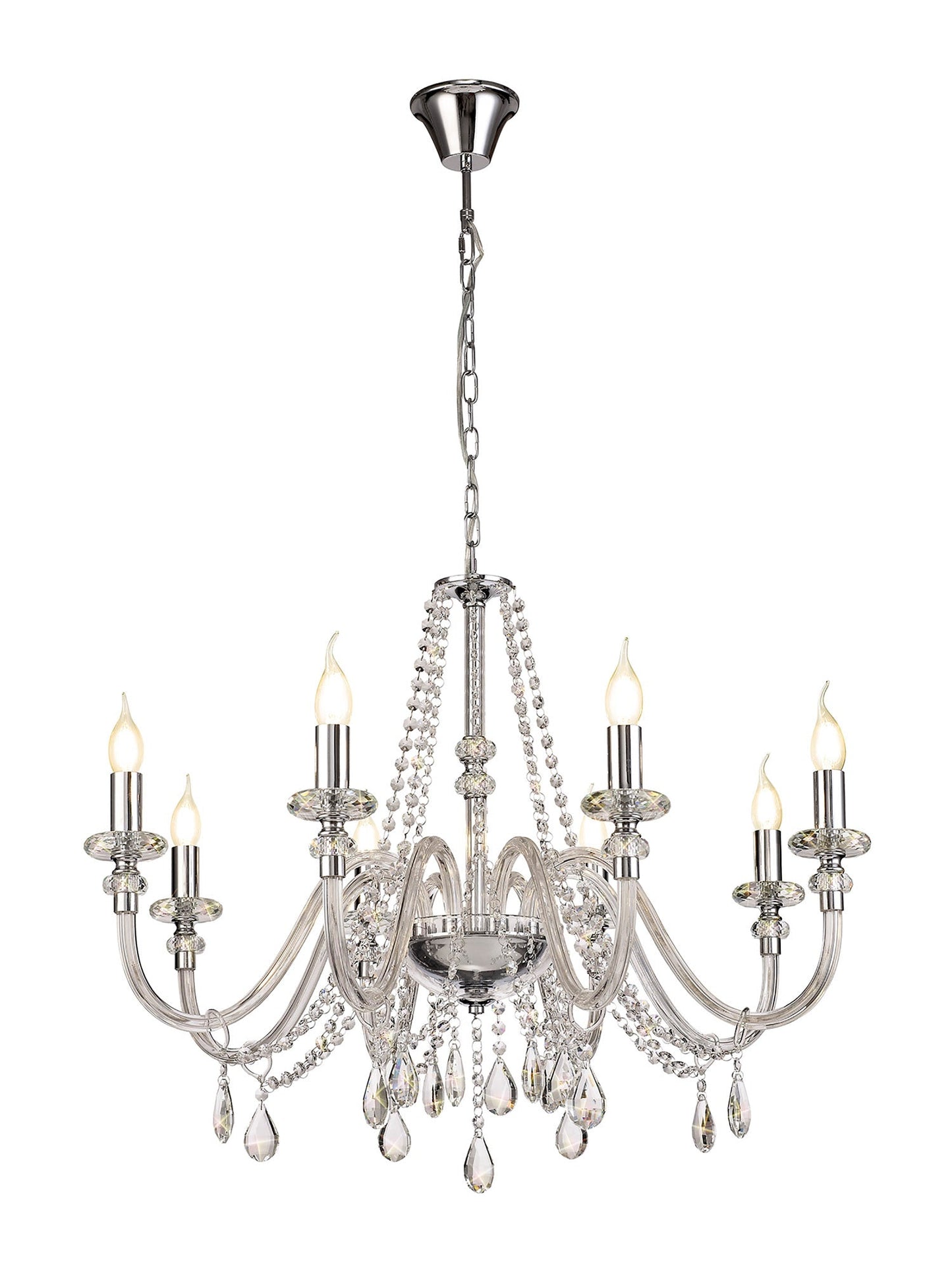 Damson Chandelier Pendant, 8 Light E14, Polished Chrome and Clear Glass and Crystal, ITEM REQUIRES CONSTRUCTION and CONNECTION