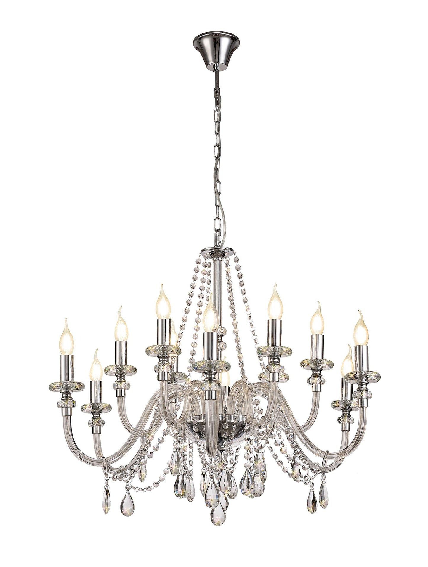 Damson Chandelier Pendant, 12 Light E14, Polished Chrome and Clear Glass and Crystal, ITEM REQUIRES CONSTRUCTION and CONNECTION