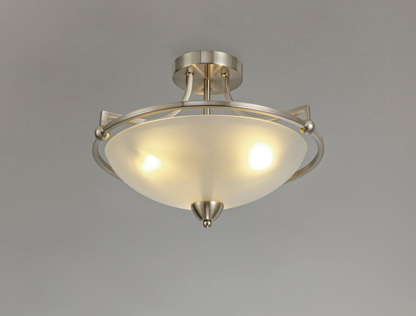 Davey Semi-Flush Ceiling, 3 Light E27, Satin Nickel and Frosted Glass