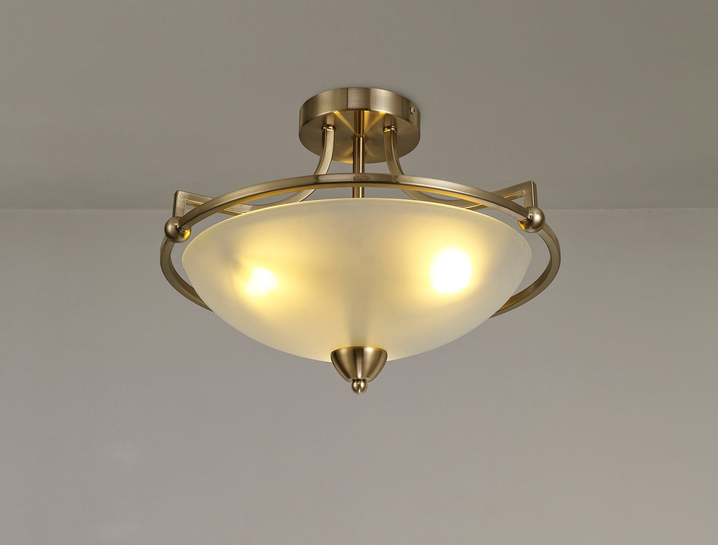 Davey Semi-Flush Ceiling, 3 Light E27, Antique Brass and Frosted Glass