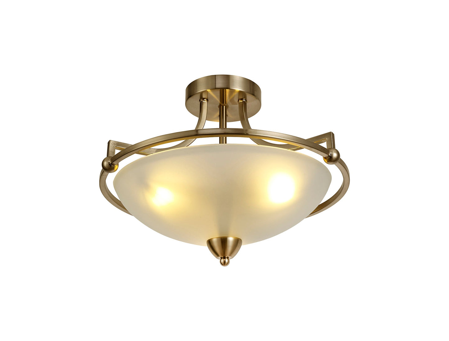 Davey Semi-Flush Ceiling, 3 Light E27, Antique Brass and Frosted Glass