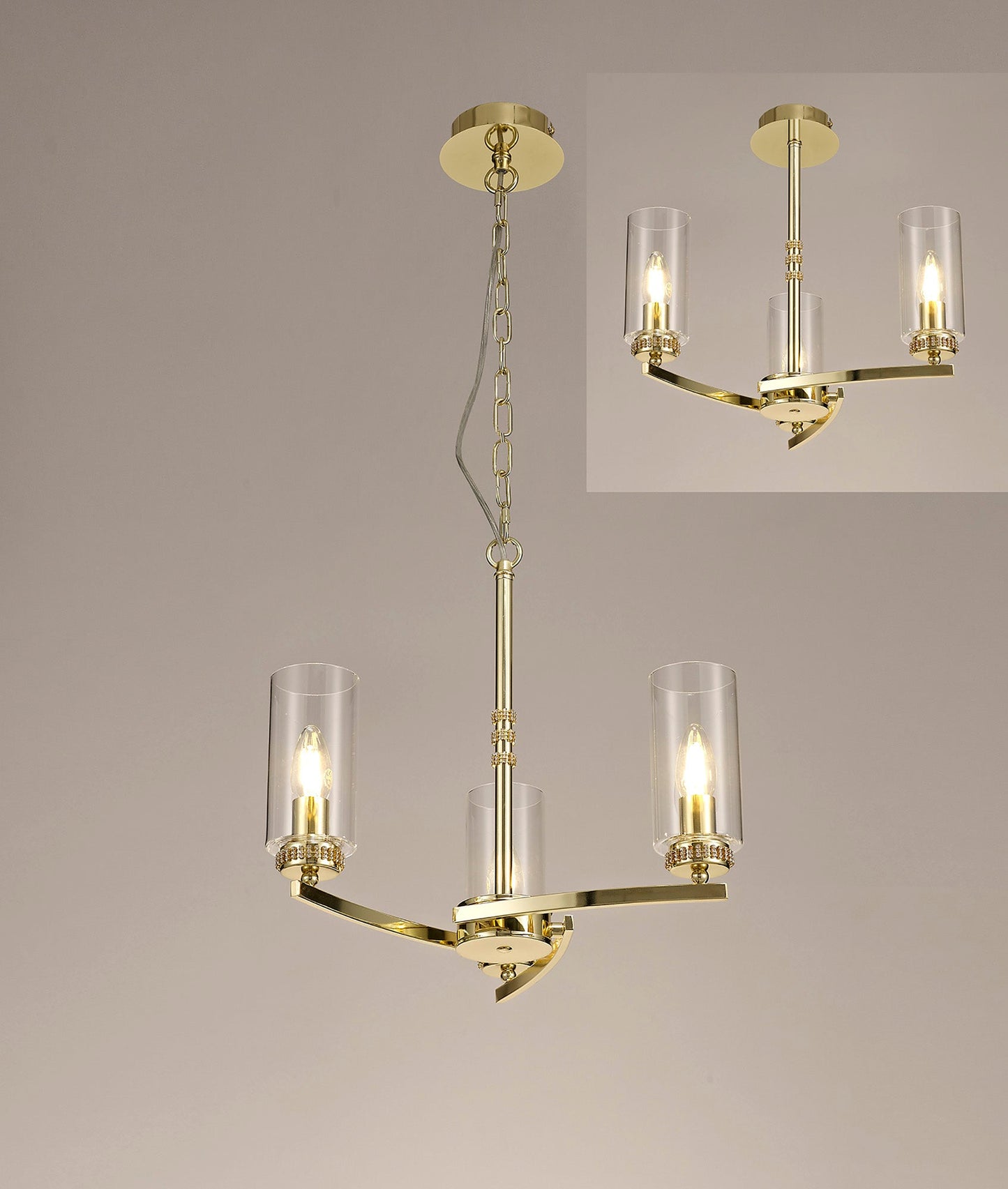 Disley Pendant and Semi Ceiling, 3 x E14, Polished Gold