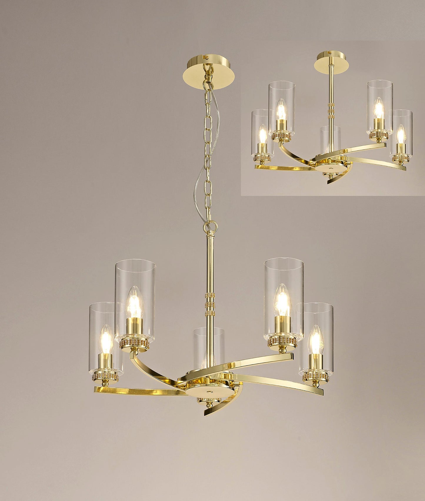 Disley Pendant and Semi Ceiling, 5 x E14, Polished Gold