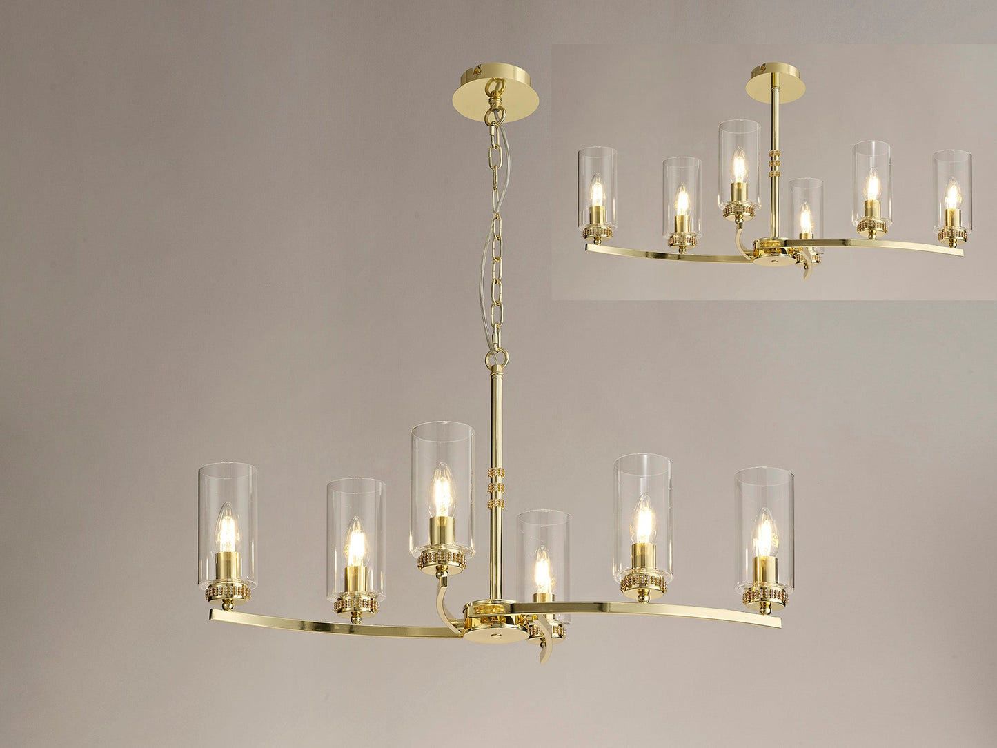 Disley Rectangular Pendant and Semi Ceiling, 6 x E14, Polished Gold