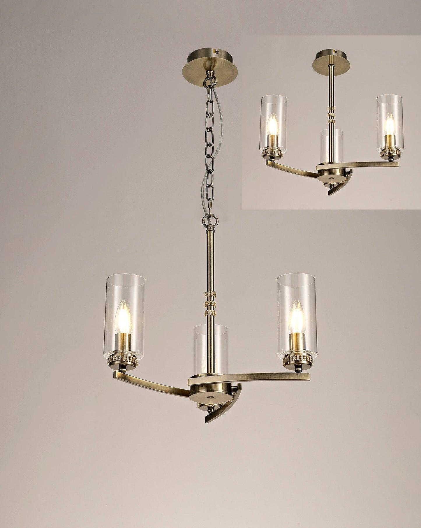 Disley Pendant and Semi Ceiling, 3 x E14, Antique Brass