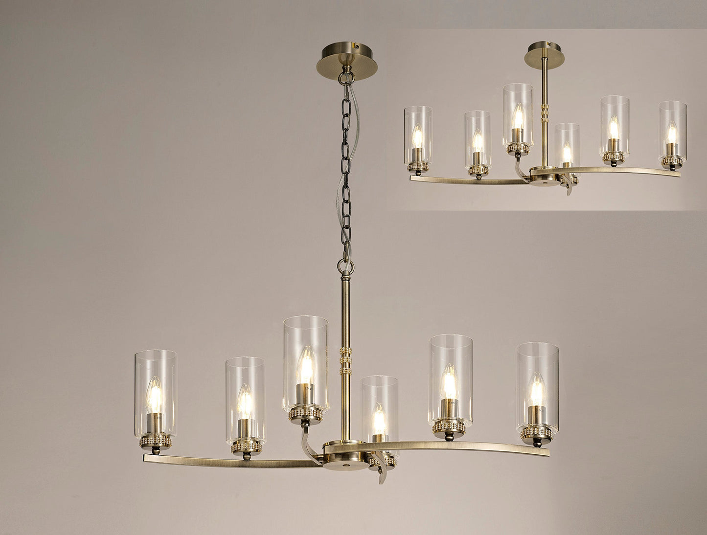 Disley Rectangular Pendant and Semi Ceiling, 6 x E14, Antique Brass