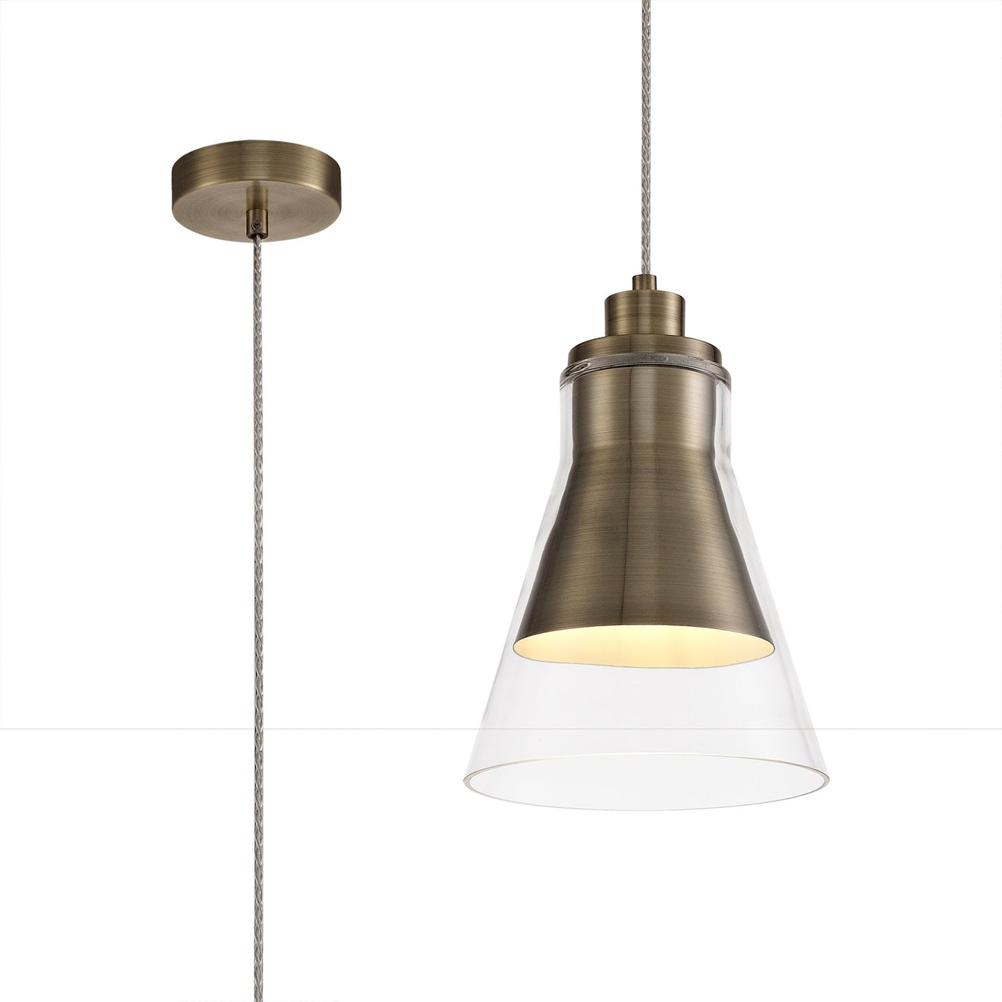 Gatley Pendant, 1 x E27, Antique Brass and Clear Glass