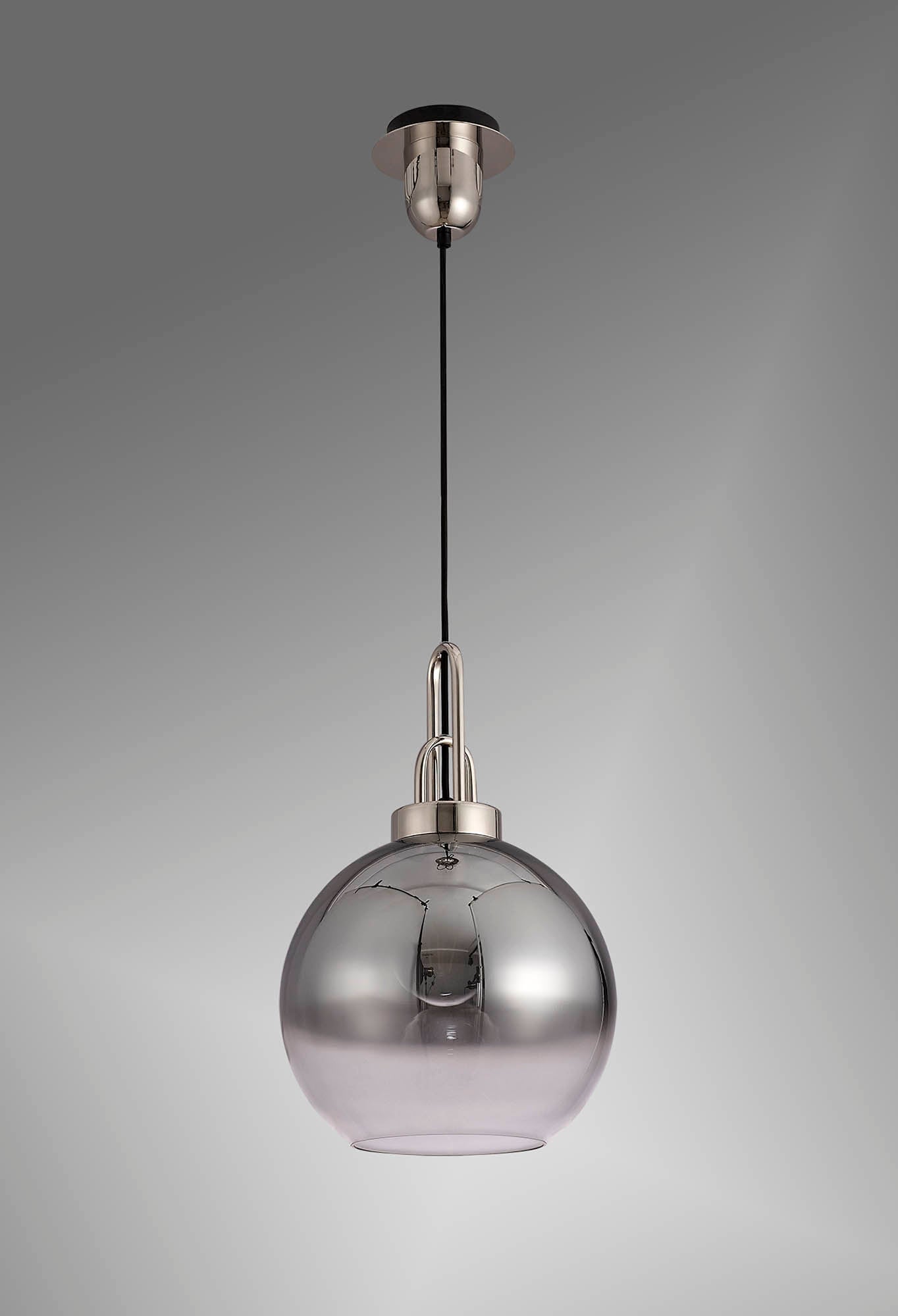 Kingsley 1 Light Pendant E27 With 30cm Globe Glass, Polished Nickel and Matt Black and Smoked and Clear