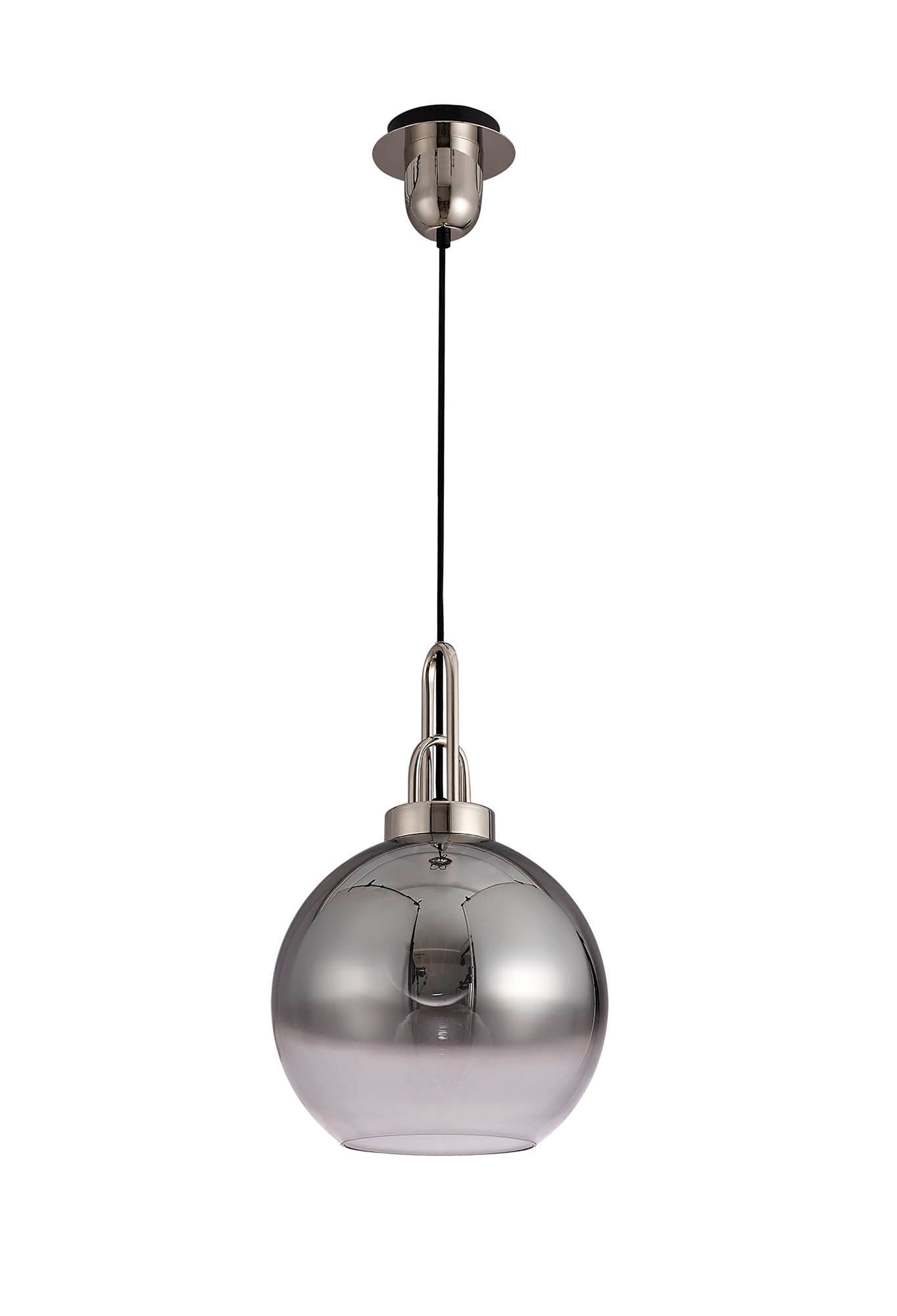 Kingsley 1 Light Pendant E27 With 30cm Globe Glass, Polished Nickel and Matt Black and Smoked and Clear