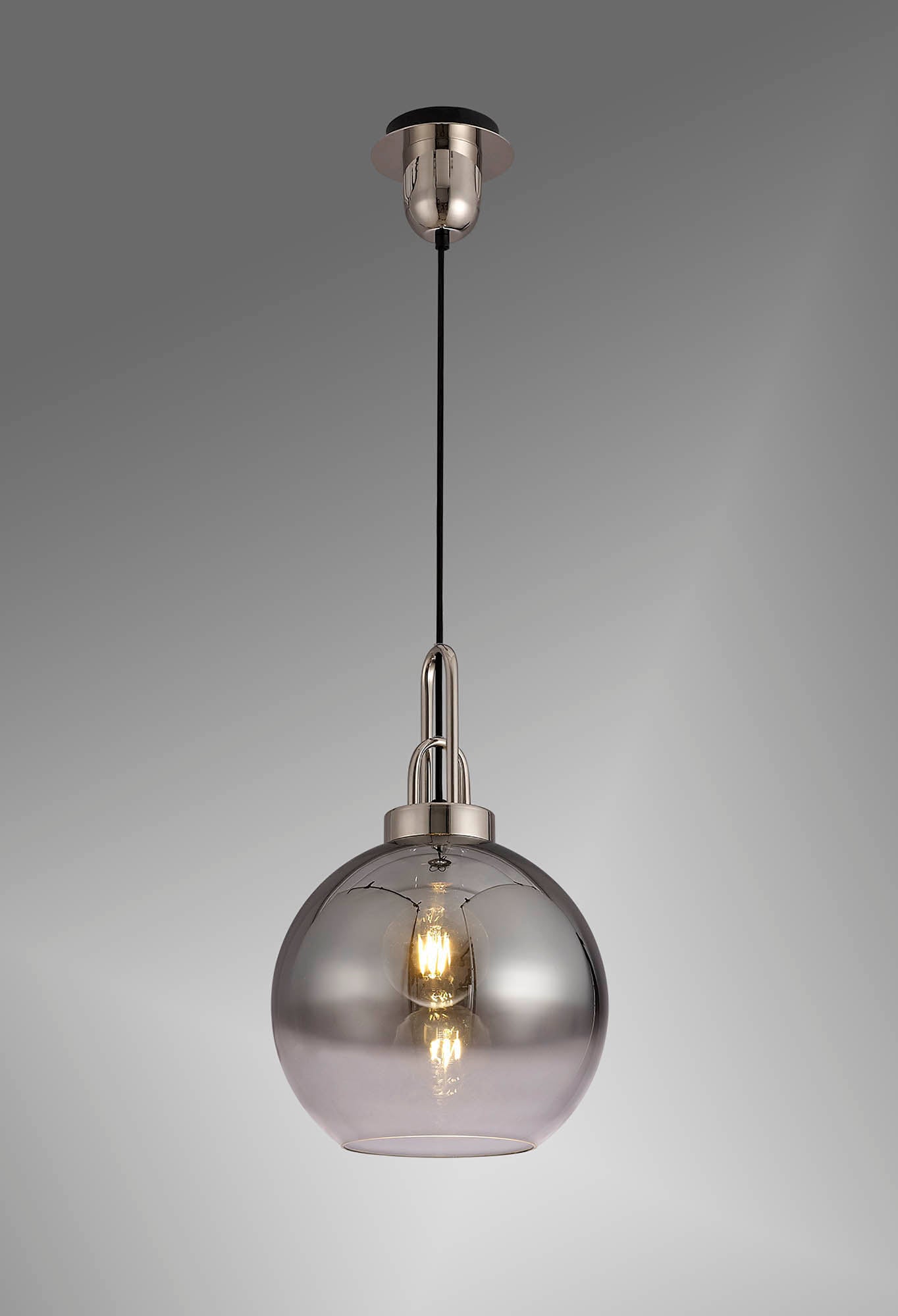 Kingsley 1 Light Pendant E27 With 30cm Globe Glass, Polished Nickel and Matt Black and Smoked and Clear