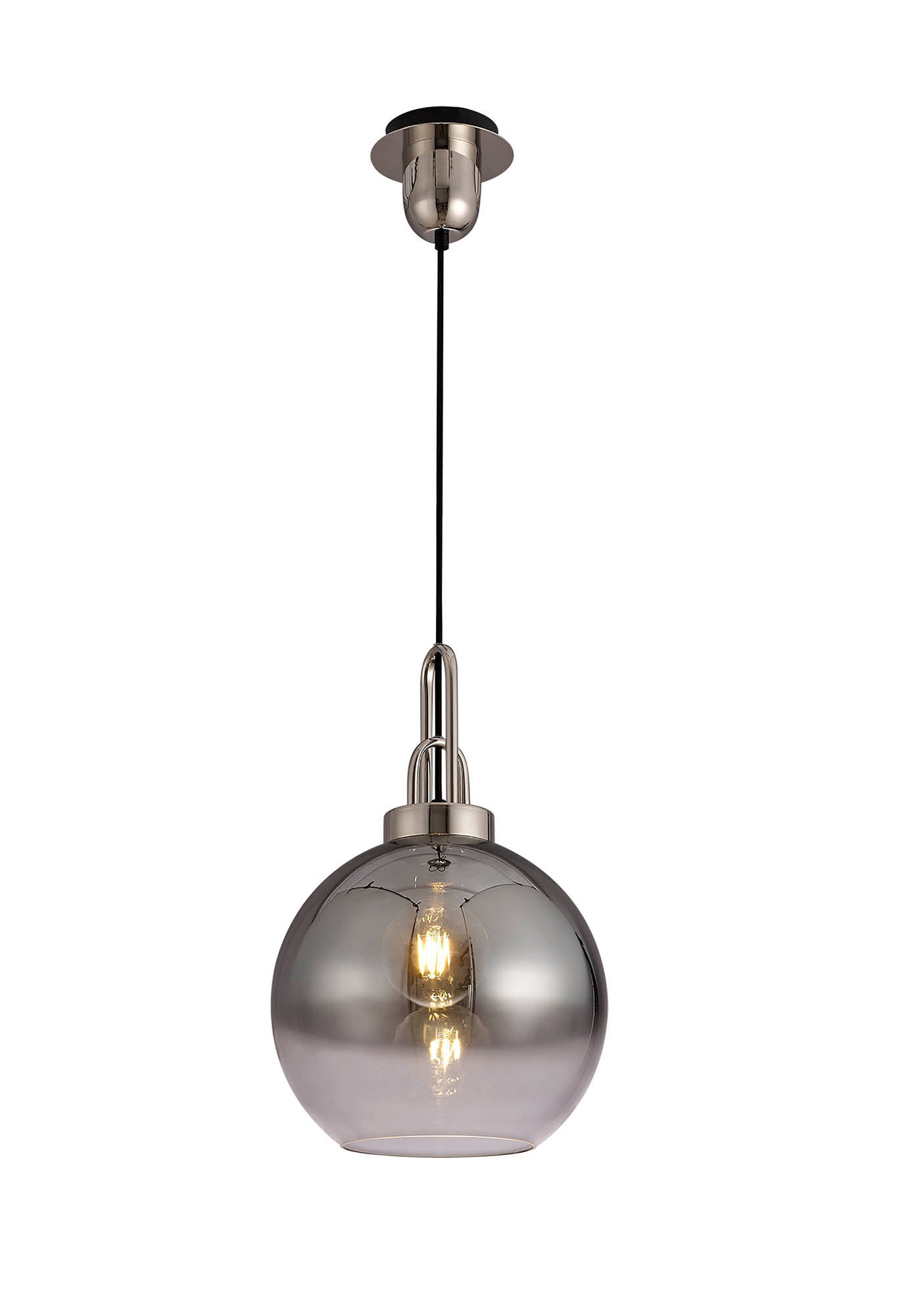 Kingsley 1 Light Pendant E27 With 30cm Globe Glass, Polished Nickel and Matt Black and Smoked and Clear