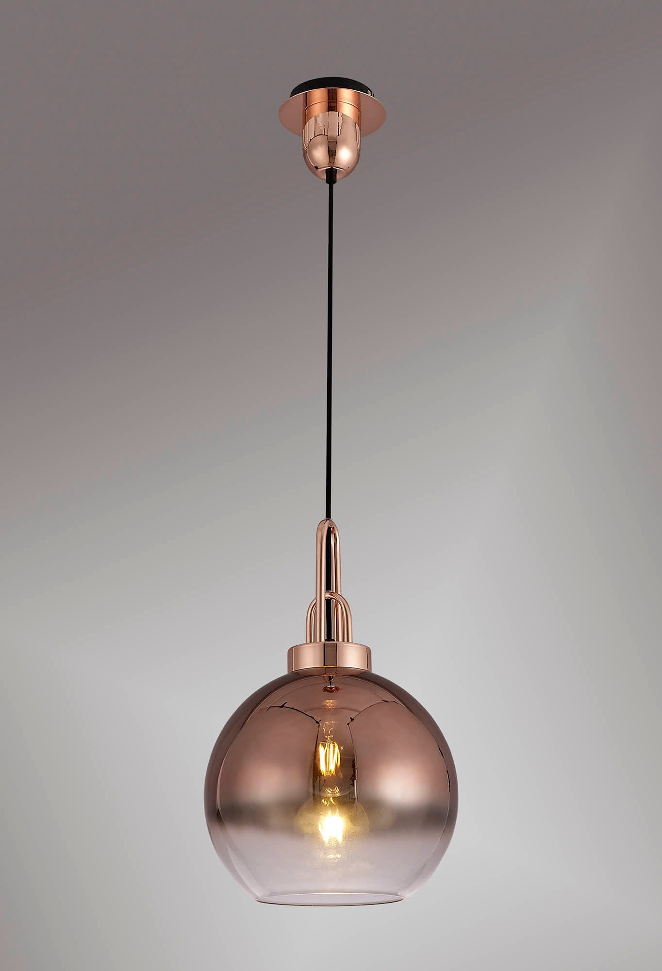 Kingsley 1 Light Pendant E27 With 30cm Globe Glass, Copper and Matt Black and Clear