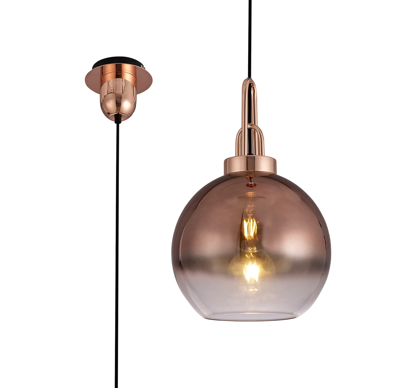 Kingsley 1 Light Pendant E27 With 30cm Globe Glass, Copper and Matt Black and Clear