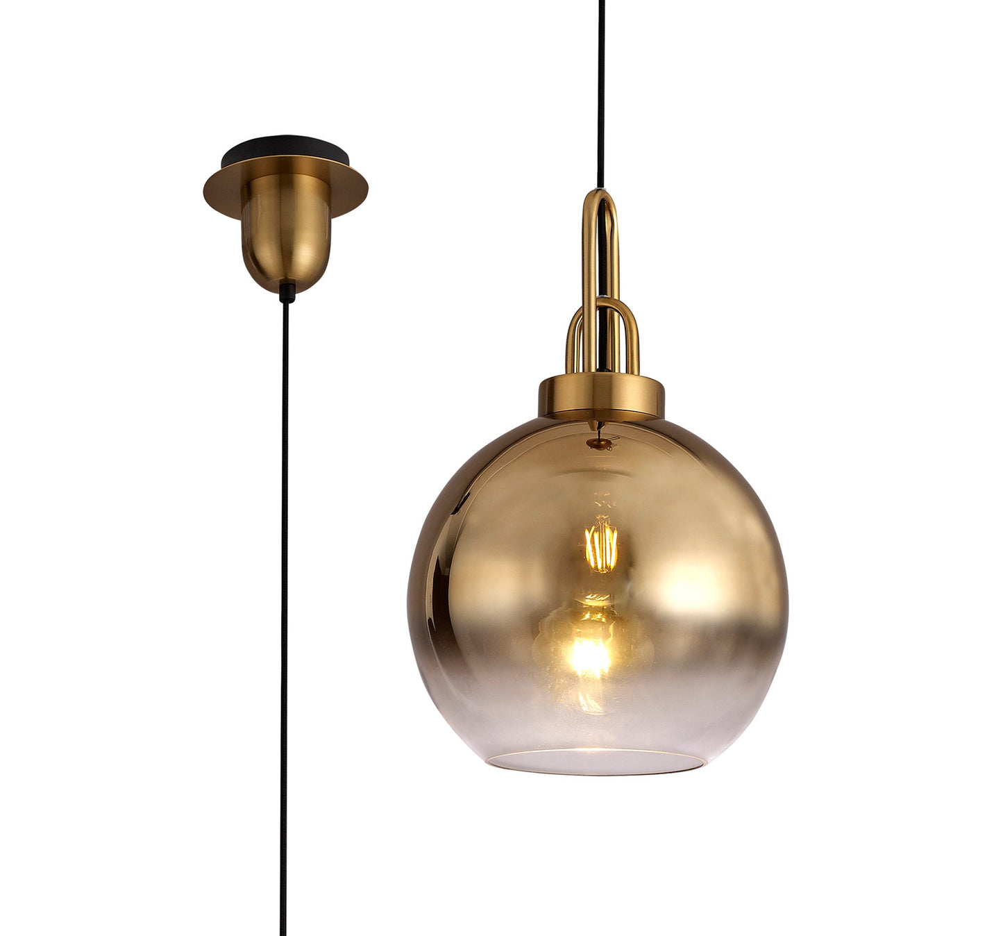 Kingsley 1 Light Pendant E27 With 30cm Globe Glass, Brass Gold and Matt Black and Clear